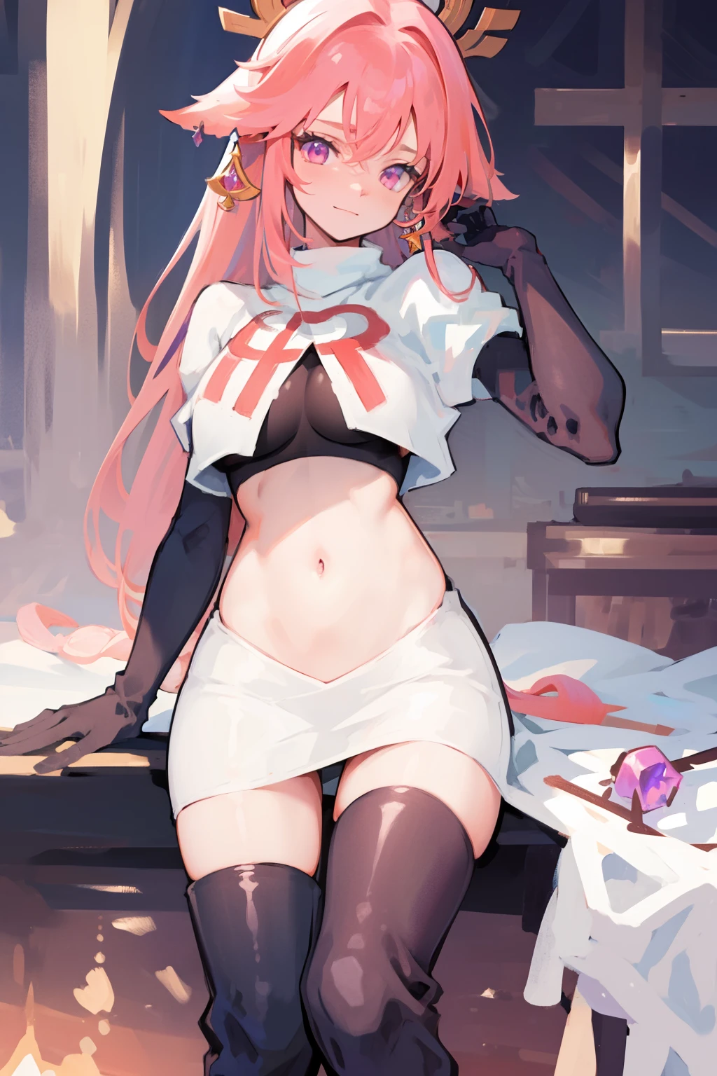 ((masterpiece, best quality)),8k ,Yae miko,1girl, \n/, animal ears, breasts, earrings, flower, fox ears, gem, hair between eyes, hair ornament, jewelry, long hair, medium breasts, miko, pink eyes, pink flower, pink hair, purple gemstone, sidelocks,team rocket,team rocket uniform,white skirt,crop top,black thigh-high boots,black elbow gloves,