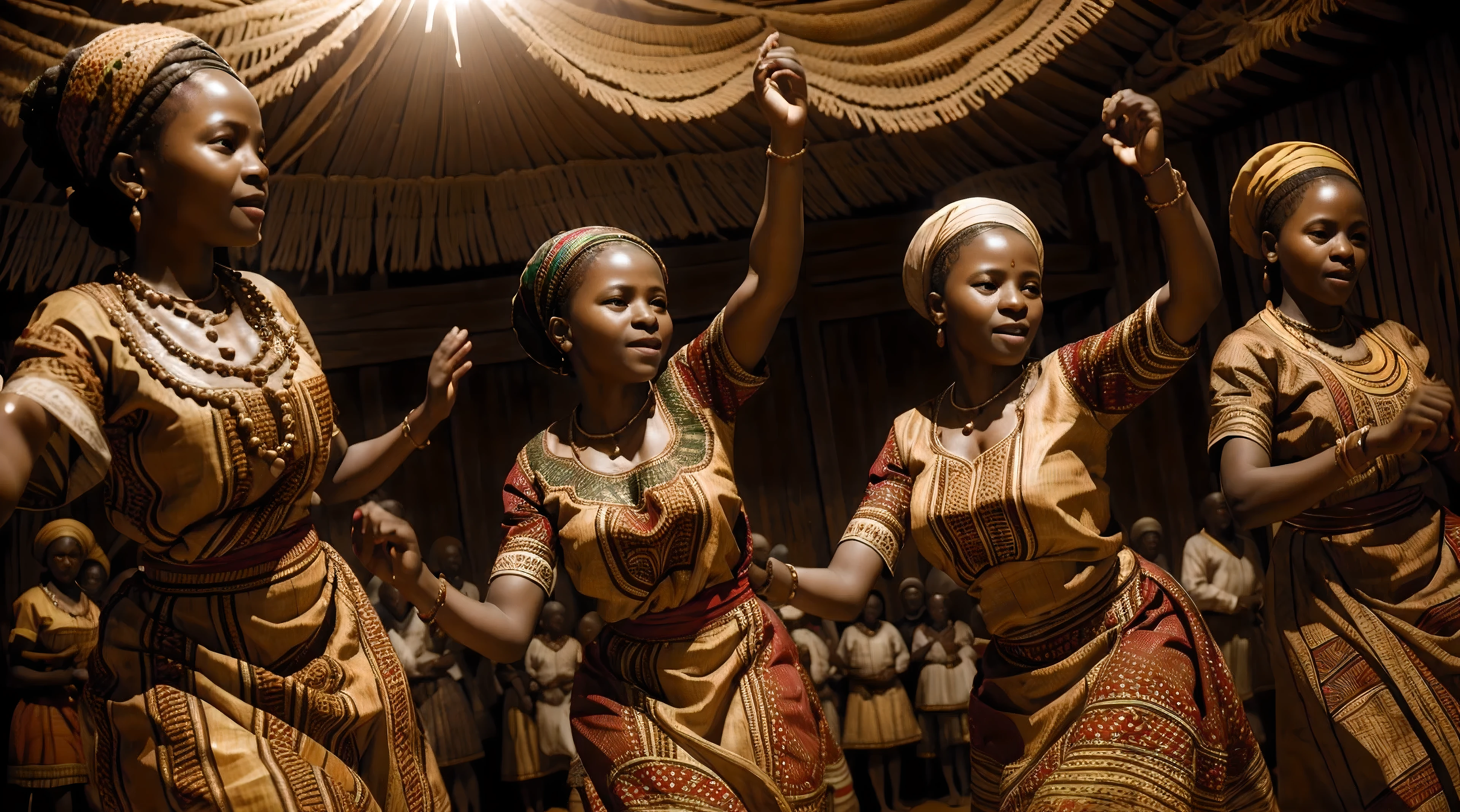 Ultra-realistic photograph of African Villagers dancing in communion, they are wearing Traditional attire with beautiful patterns. Cinematic lighting, perfect textures, realistic face quality