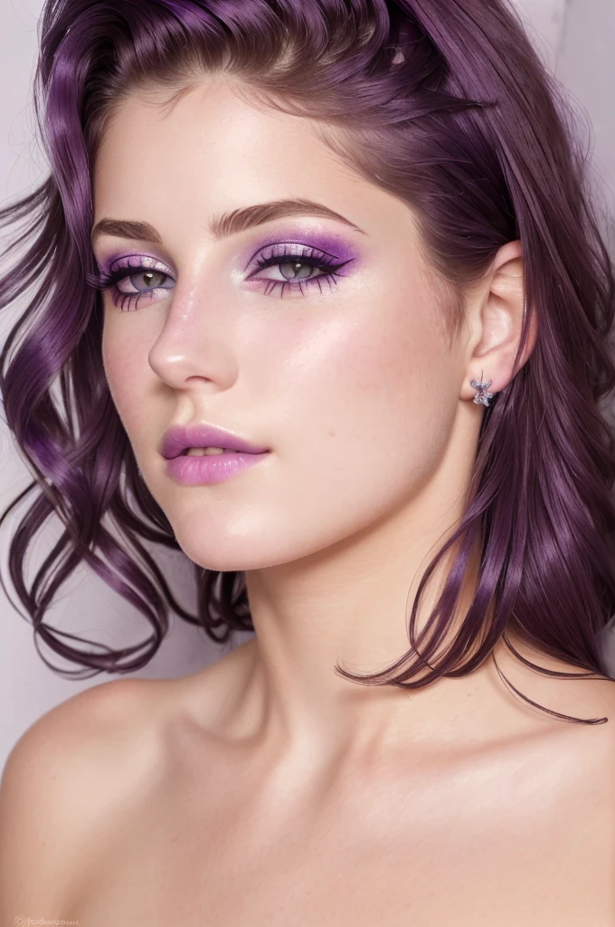 ((Best quality)), ((Ultra Resolution)), ((photorealistic)), (Intricate details), 19 years old, violet hair, Perfect face, makeup: 1.5, Light on the face, Detail of the face, naked, short hair, brunette
