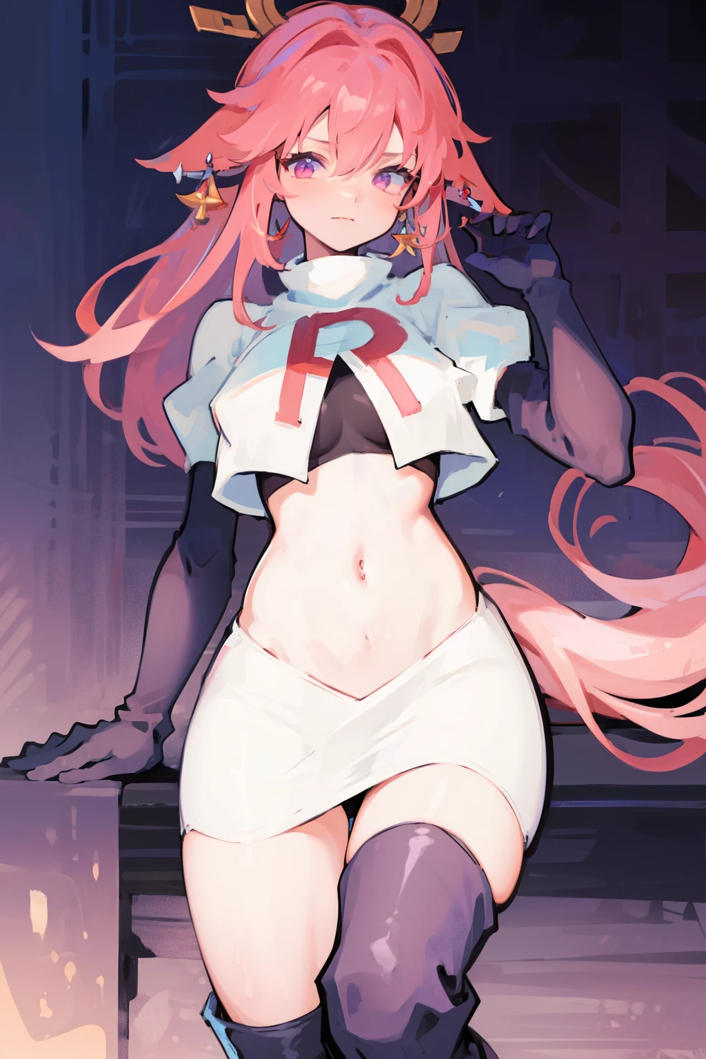 ((masterpiece, best quality)),8k ,Yae miko,1girl, \n/, animal ears, breasts, earrings, flower, fox ears, gem, hair between eyes, hair ornament, jewelry, long hair, medium breasts, miko, pink eyes, pink flower, pink hair, purple gemstone, sidelocks,team rocket,team rocket uniform,white skirt,crop top,black thigh-high boots,black elbow gloves,
