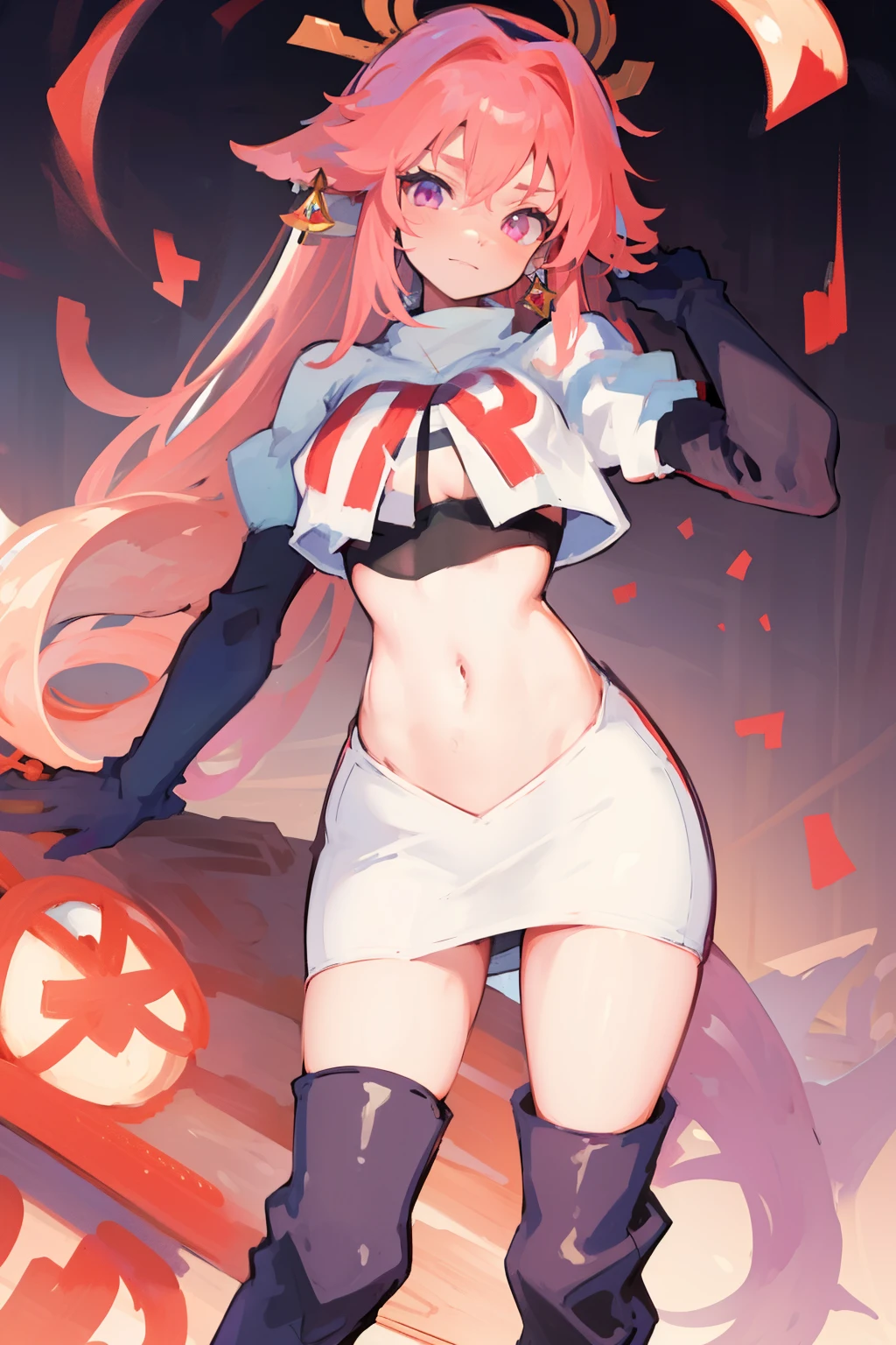 ((masterpiece, best quality)),8k ,Yae miko,1girl, \n/, animal ears, breasts, earrings, flower, fox ears, gem, hair between eyes, hair ornament, jewelry, long hair, medium breasts, miko, pink eyes, pink flower, pink hair, purple gemstone, sidelocks,team rocket,team rocket uniform,white skirt,crop top,black thigh-high boots,black elbow gloves,