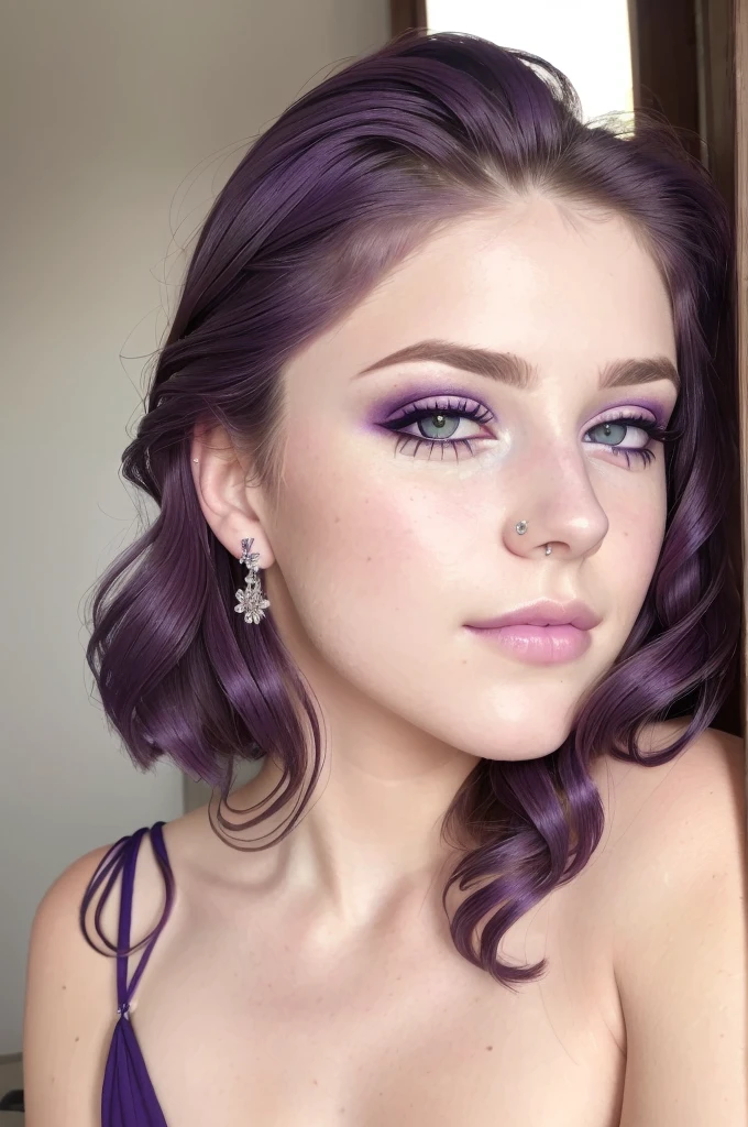 ((Best quality)), ((Ultra Resolution)), ((photorealistic)), (Intricate details), 19 years old, violet hair, Perfect face, makeup: 1.5, Light on the face, Detail of the face, naked, short hair, brunette