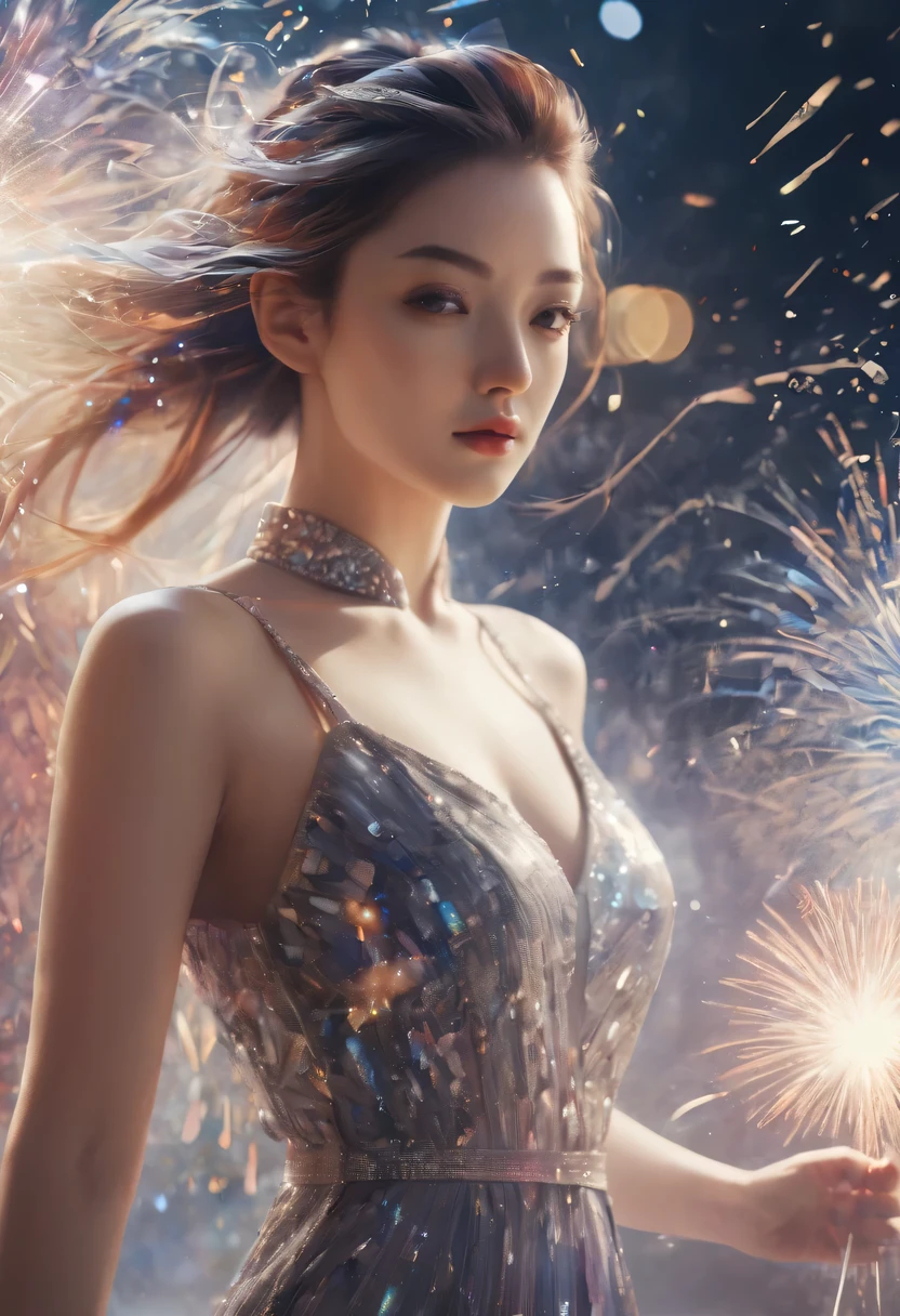 solo, 8k,(gentle:1.2),queen,lingerie,cowboy shot portrait of a girl,short hair,Fireworks,particle effects,medium breastsa world of ice and snow with a girl on holy snow mountain top,dolorous expression,Albert LynchMoody Lighting,