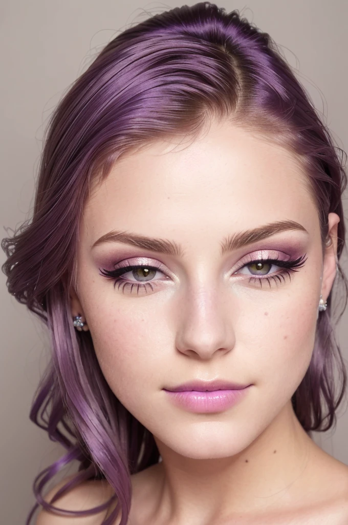 ((Best quality)), ((Ultra Resolution)), ((photorealistic)), (Intricate details), 19 years old, violet hair, Perfect face, makeup: 1.5, Light on the face, Detail of the face, , short hair, brunette