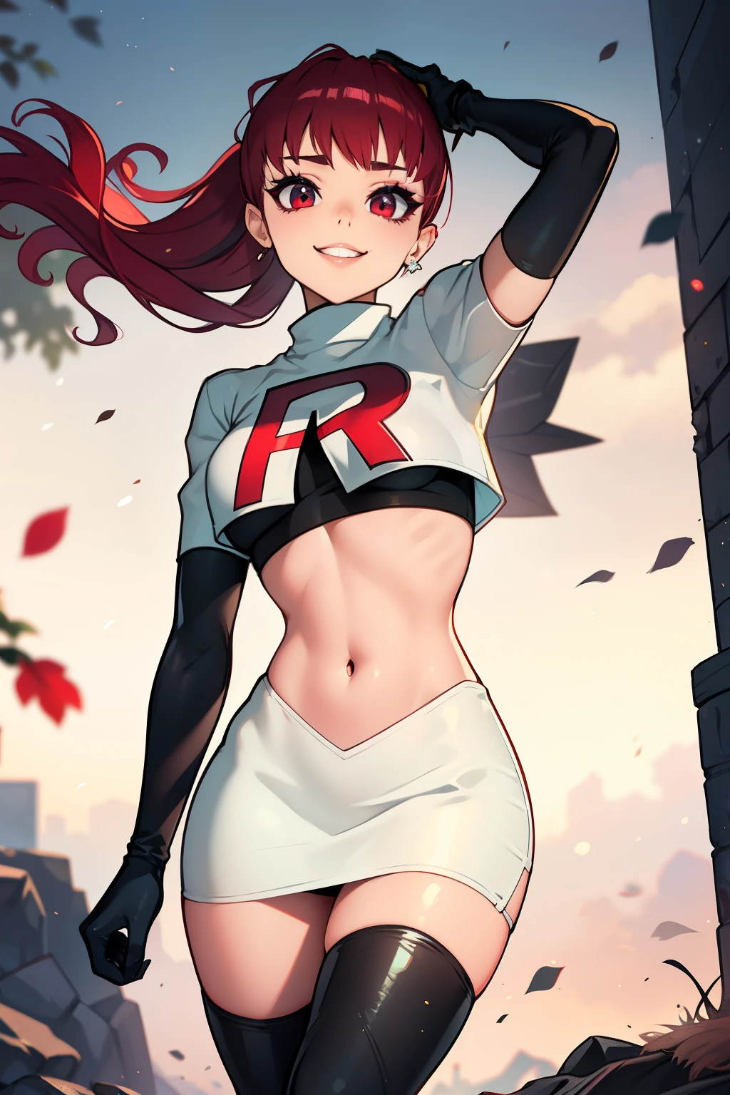 red hair, pony tail, red eyes ,glossy lips, light makeup, eye shadow, earrings ,team rocket,team rocket uniform, red letter R, white skirt,white crop top,black thigh-high boots, black elbow gloves, evil smile, sexy poses