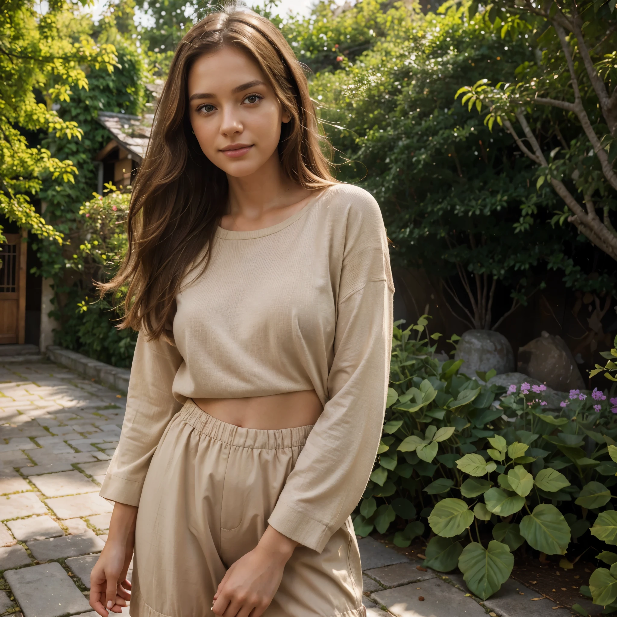 Girl with café au lait skin, brown hair and casual clothes, detailed eyes, detailed lips, naturalistic style, vibrant colors, warm lighting. (best quality, highres, photorealistic:1.37), detailed facial features, expressive eyes, a warm smile, flowing brown hair, stylish casual outfit, surrounded by a lush garden with colorful flowers and tall trees, gentle sunlight casting soft shadows, a peaceful and tranquil atmosphere.