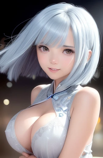 (flowy haircut) , ((Bob haircut with over the shoulder and side swept brow length bangs)) , (((silver blue hair))), ((thousands optical light dots bokeh background)), (center spotlight behind girl), ((back lit hair)) ,solo girl, ultra detailed, young Japanese woman , beautiful face, (((undressed sleeveless beautiful decorated cheongsam dress))), ((hair flowing beautifully in the wind)) , perfect smooth legs, ((short light pink finger nails)), (perfect eyes) , (firm large sized breasts) , ((correct anatomy)) , tony taka art style , ((cinematic depth of field)), (((bokeh particles))) , (cute smile), (ultra wide angle fov), ((two hands grabbing breasts)) , (((leaning forwards))) , girly finger posing, center chest cleavage, perfect curved body