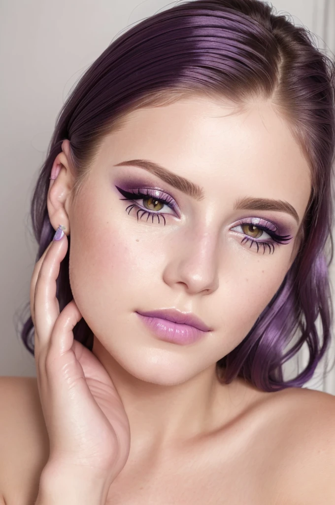((Best quality)), ((Ultra Resolution)), ((photorealistic)), (Intricate details), 19 years old, violet hair, Perfect face, makeup: 1.5, Light on the face, Detail of the face, naked, short hair, brunette