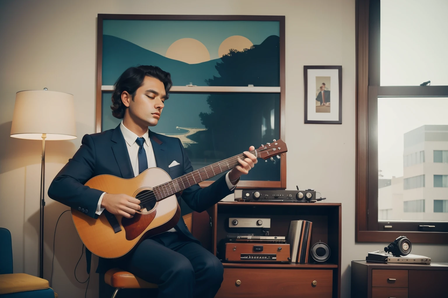 Solo Serenade by the Window: Imagine a scene of an adult man, mid-thirties, with dark, wavy hair dressed in a vintage three-piece suit, playing a melancholic tune on a vintage record player. The room, filled with warm tones and mid-century furniture, should evoke a sense of quiet introspection, capturing Anderson's unique aesthetic.
