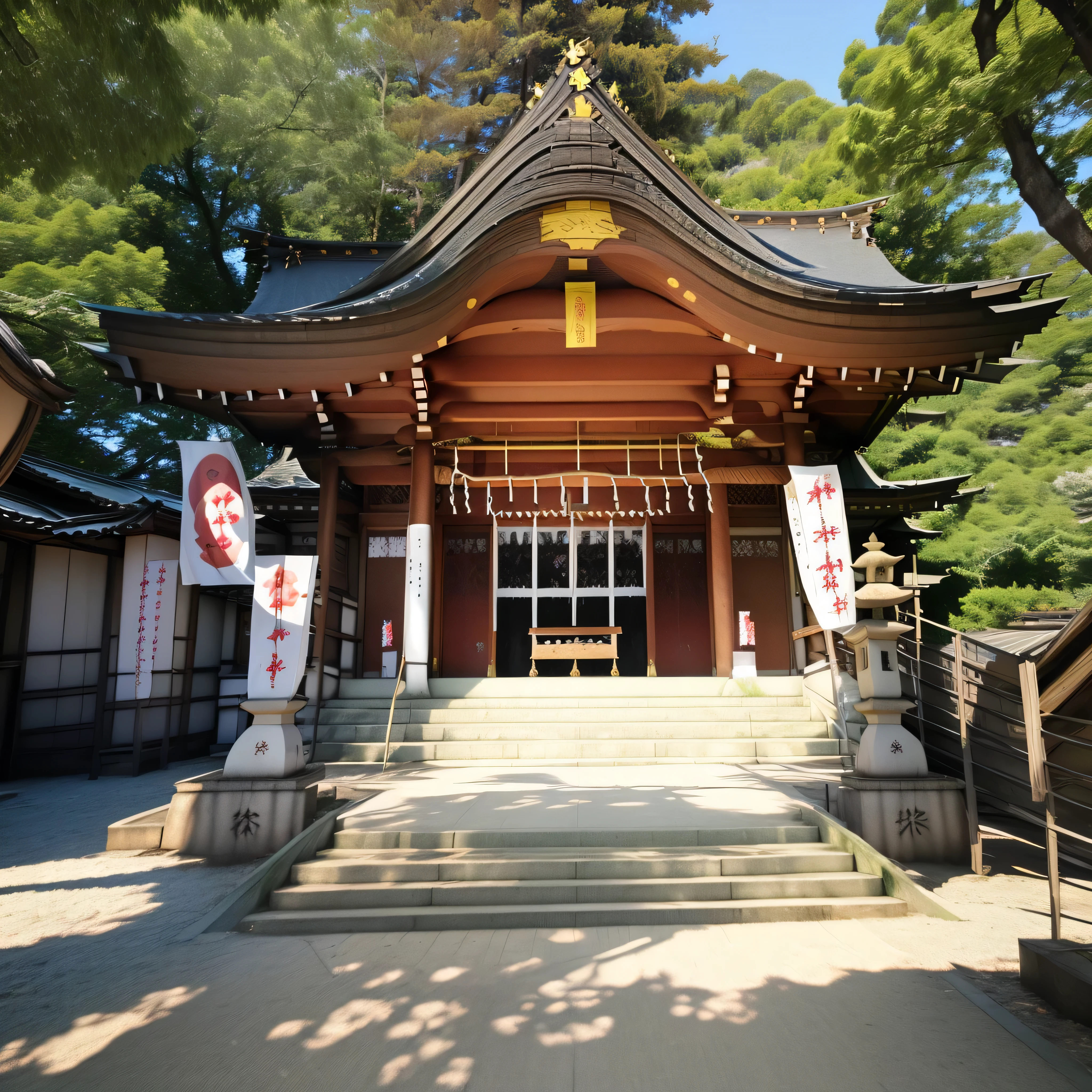 Best Quality, Ultra-detailed, Illustration,
Kinya, tree, Outdoors, shrines, Scenery, day, Shimenawa, cherryblossom, real world location, east asian architecture, architecture, Box, skyporn, Realistic, Photo background