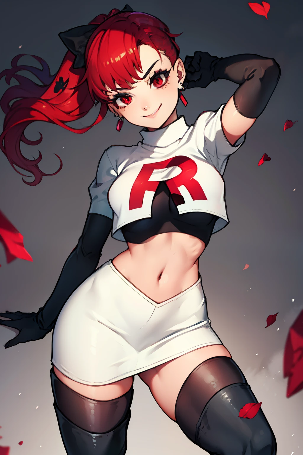 red hair, pony tail, red eyes ,glossy lips, light makeup, eye shadow, earrings ,team rocket,team rocket uniform, red letter R, white skirt,white crop top,black thigh-high boots, black elbow gloves, evil smile, sexy poses