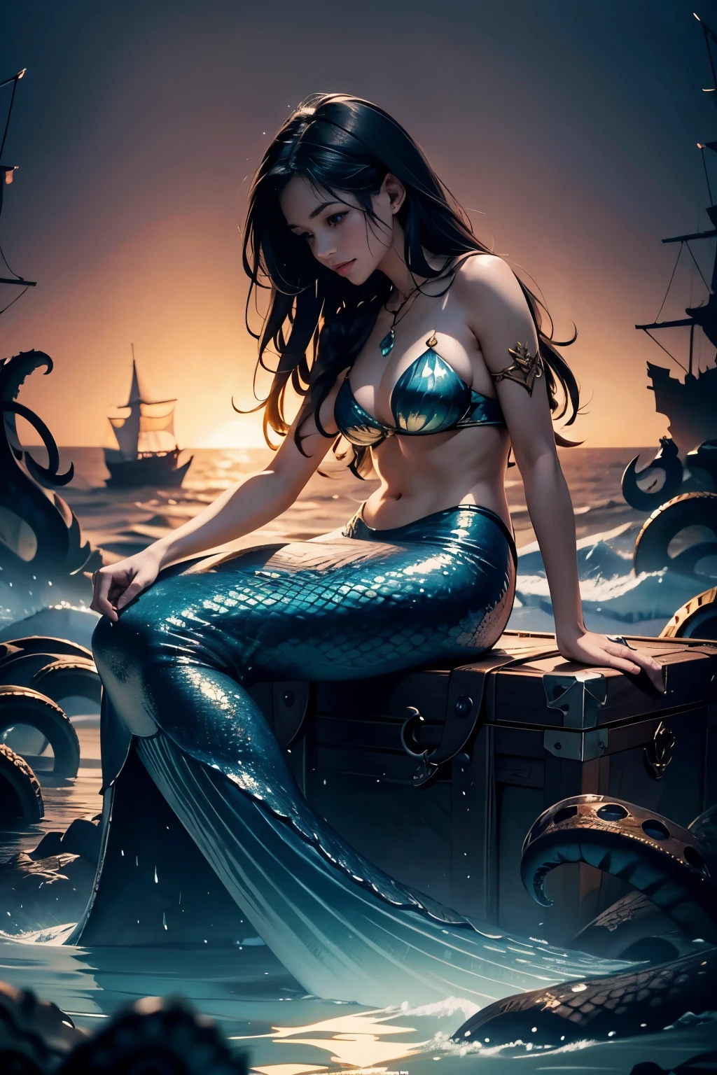 masterpiece, best quality, 8K wallpaper, HDR, octane rendering. A Mermaid, sitting on the rocks in the middle of the sea, ((sea monster in the background)), ((monster tentacles all over the sea, destroying ships)), detailed and beautiful background, the Mermaid has (Messy hair, shiny black hair :1.4), (Beautiful and detailed face with perfect symmetry), (Beautiful and detailed green eyes), (smooth lips, smile, teeth:1.2), (body with perfect anatomy, perfect natural texture, high details, glowing skin) lighting cinematic, vivid colors, detailed illustration, depth of field.