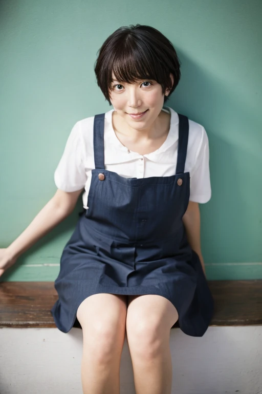 kindergarten teacher,large boob,short-cut,A dark-haired,age 40s,pinafore,opening legs