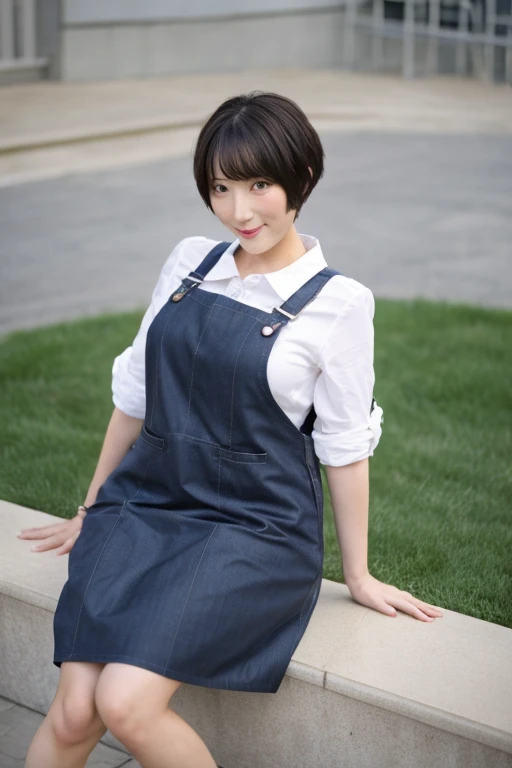 ,large boob,short-cut,A dark-haired,age 40s,pinafore,opening legs