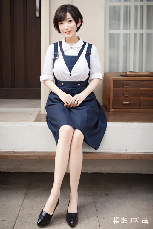 kindergarten teacher,large boob,short-cut,A dark-haired,age 40s,pinafore,opening legs