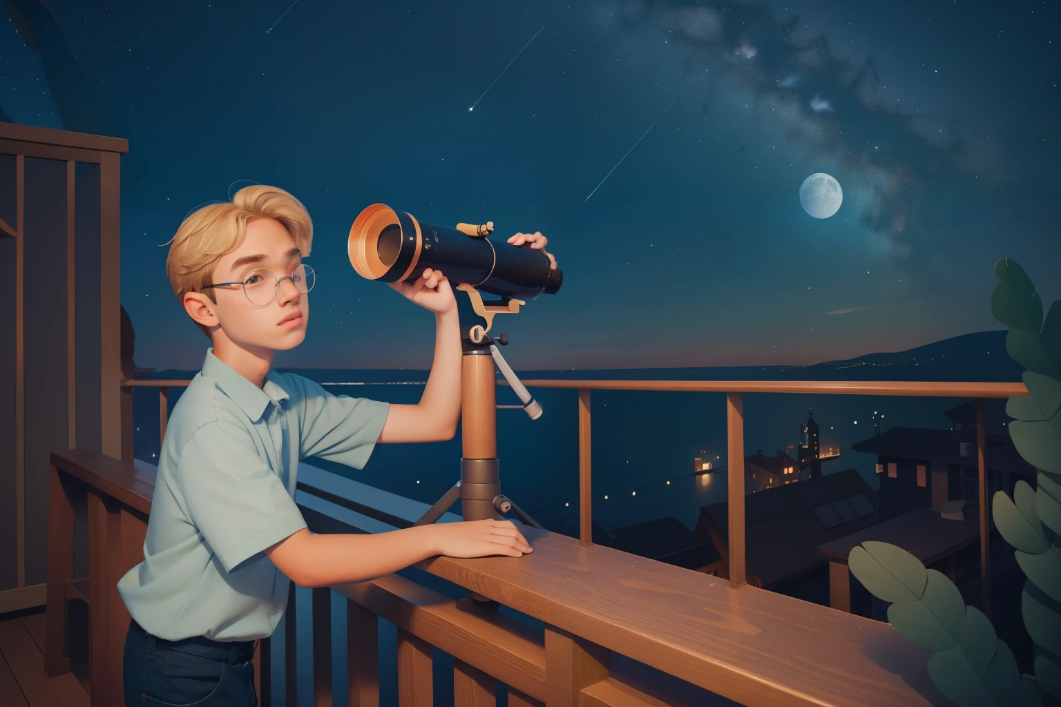Tween's Telescope Adventure: Envision a scene of a -year-ooy widisheveled blond hair and oversized glasses, exploring the night sky through a telescope on a quaint balcony. The scene should be bathed in moonlight, capturing the magic of discovery with Anderson's trademark color palette.