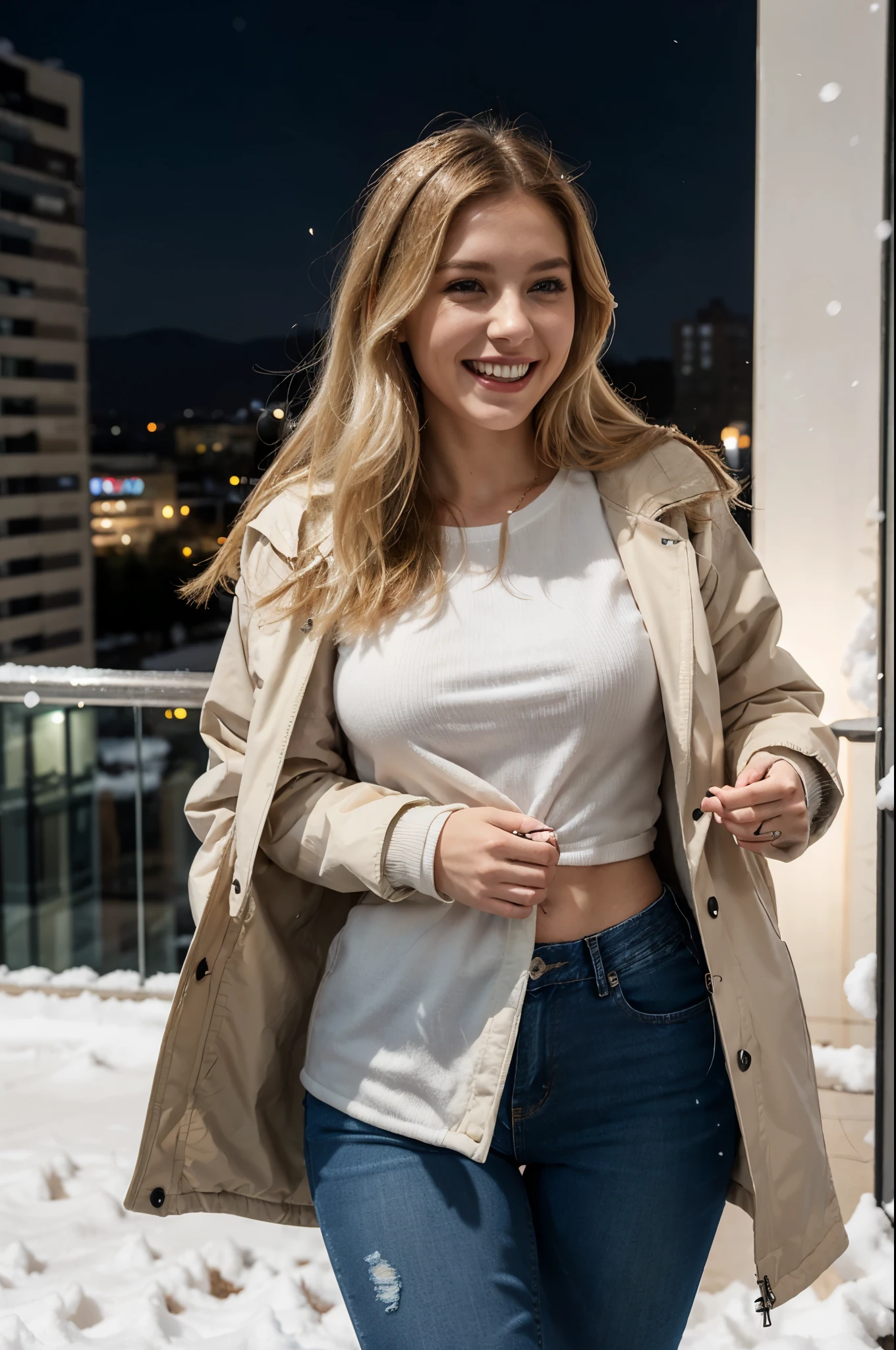 Fully clothed woman wearing heavy snow jacket and jeans. elegant, formal, professional cheery british girl with light blonde hair and a natural realistic face laughs and wears jeans and a heavy jacket. Very white and pale. She is in a night club,. She looks flirtatious. She is tall and curvy.
