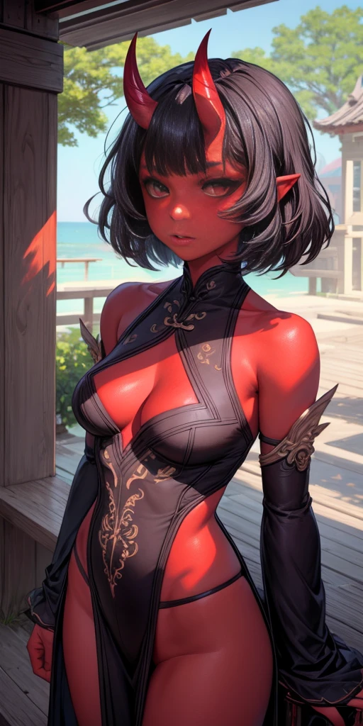 A woman,short detailed hair,ember,white backgrounid,Gray tones。Masterpiece, Best quality, 超高分辨率, Beautiful, Visually stunning, elegant, incredibily detailed, Award-winning art, 0n1, Red skin, oni horns, their, Red them, Colored skin,