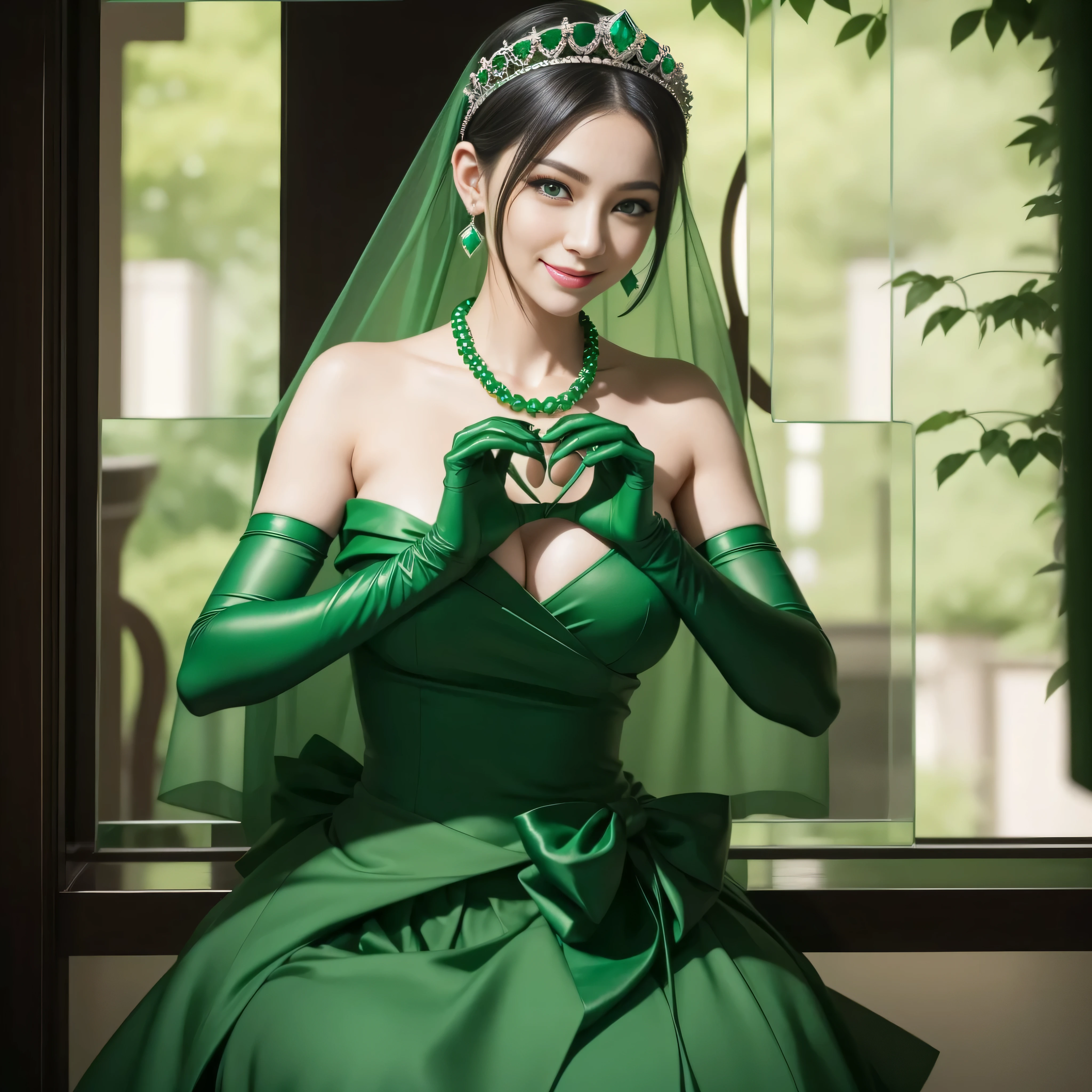 emerald tiara, Green Pearl Necklace, ボーイッシュな非常に短いGreen hair, lipsticks, Japan woman smiling, very short short hair, big breasts beautiful, Green eyes, Long green gloves made of satin material, Green eyes, Emerald Earrings, green vale, 両Heart in the hand, Heart in the hand, Green hair