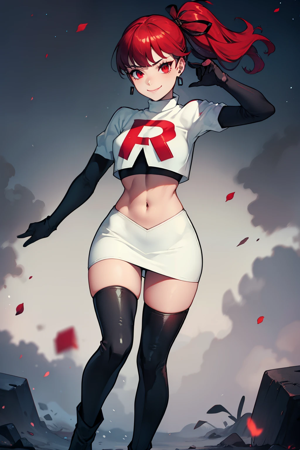 red hair, pony tail, red eyes ,glossy lips, light makeup, eye shadow, earrings ,team rocket,team rocket uniform, red letter R, white skirt,white crop top,black thigh-high boots, black elbow gloves, evil smile, sexy poses