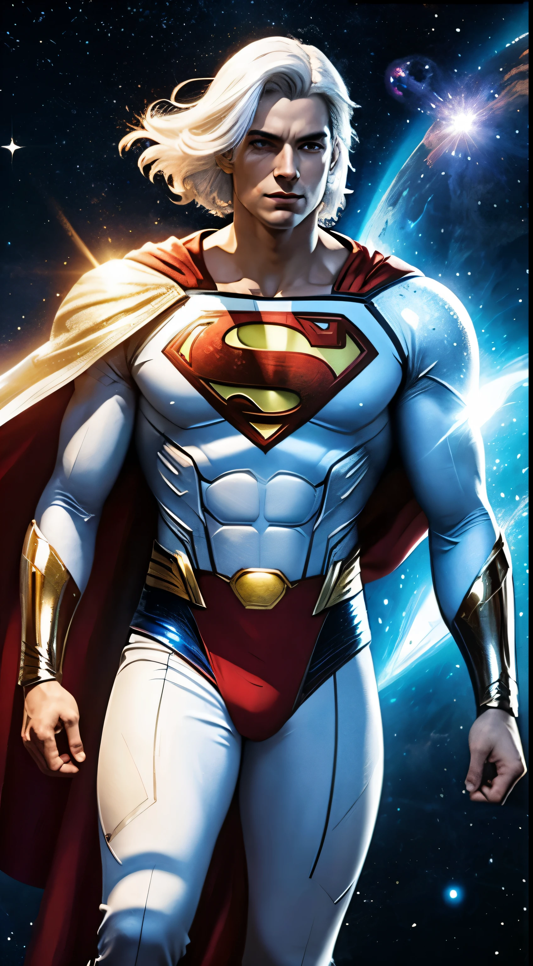 A Superman like cosmic entity with white hair and white and gold armor with multiple galaxies running through his body