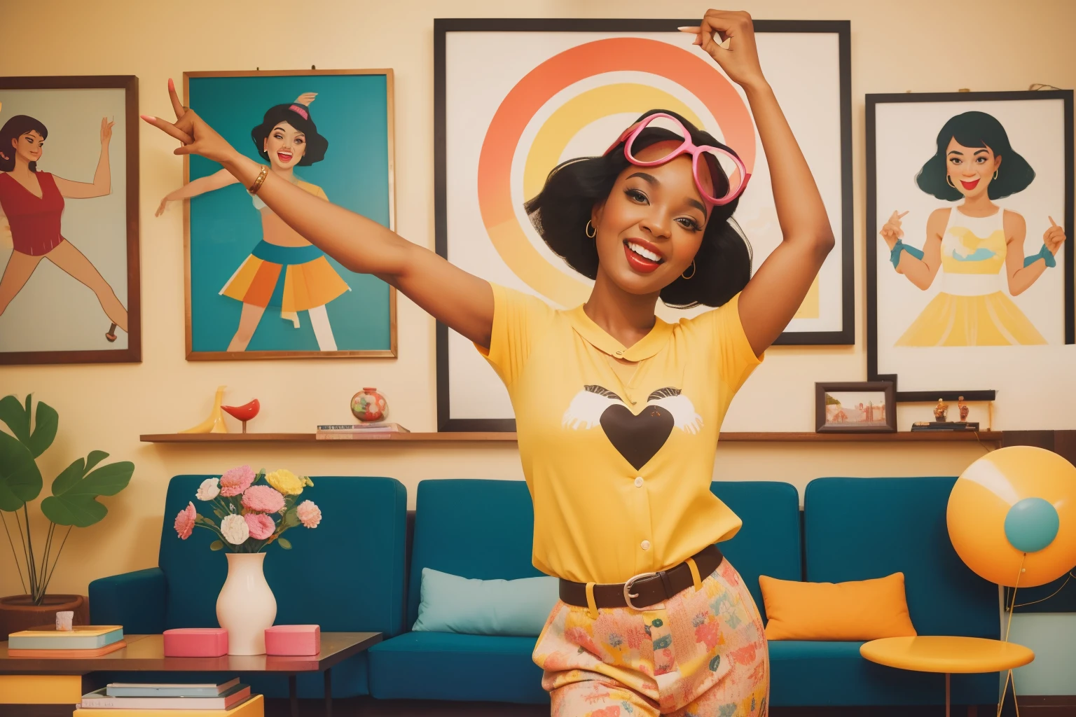 Quirky Solo Dance Party: Picture a thirty-year-old woman with a bob of jet-black hair, dancing alone in her eclectic living room adorned with vintage furniture and quirky art. The scene should capture the essence of spontaneous joy and individualism, with Anderson's characteristic color palette enhancing the whimsical atmosphere.