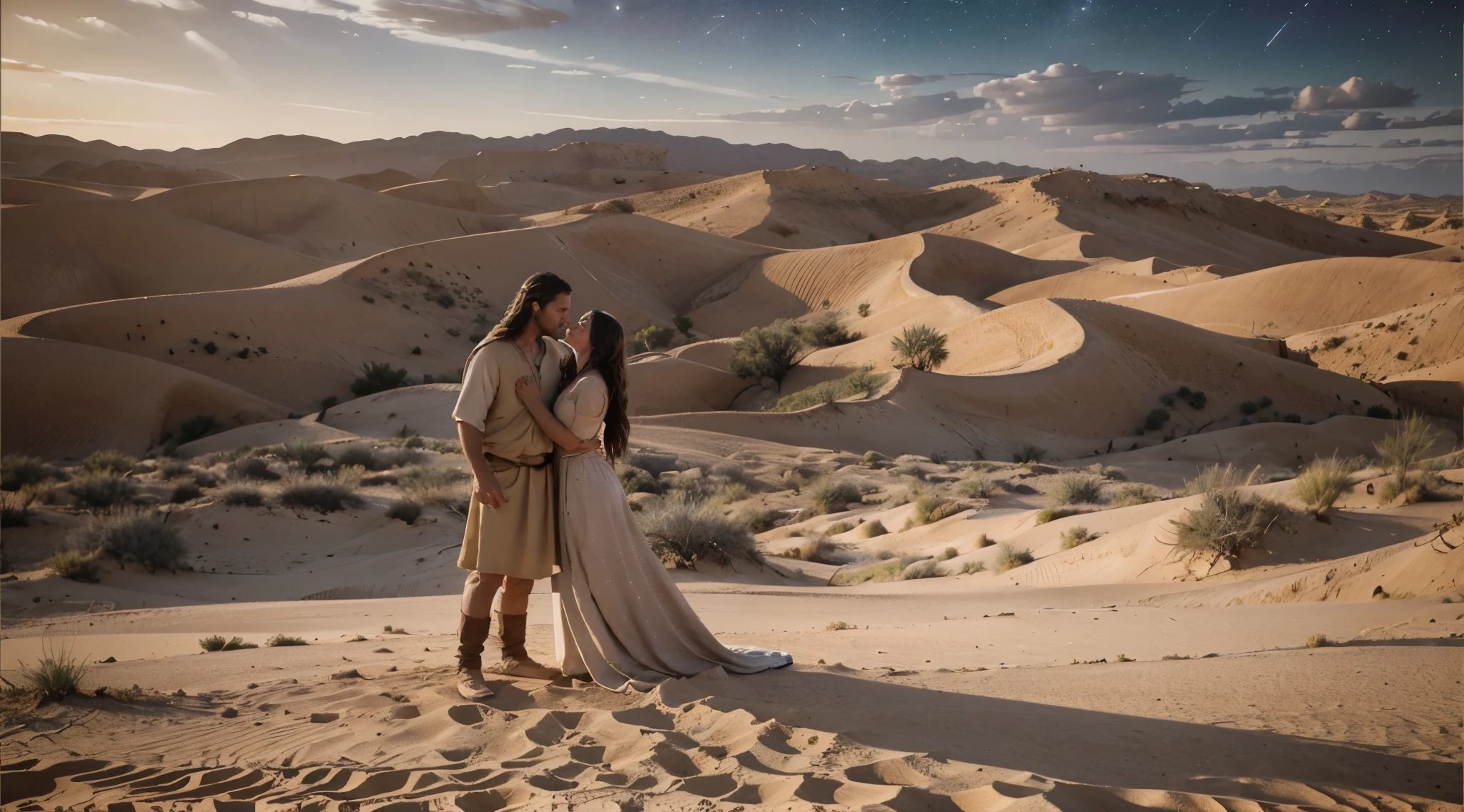 Create a 4K biblical scene image that represents a man and a woman, virados de costas, next to a well in a biblical time desert landscape and families.
The desert landscape must be portrayed with a magical touch, where the sand dunes are soft in color and the highlight shines well in soft light. The starry night sky adds an element of charm to the scene, and the overall image evokes the feeling of a biblical story