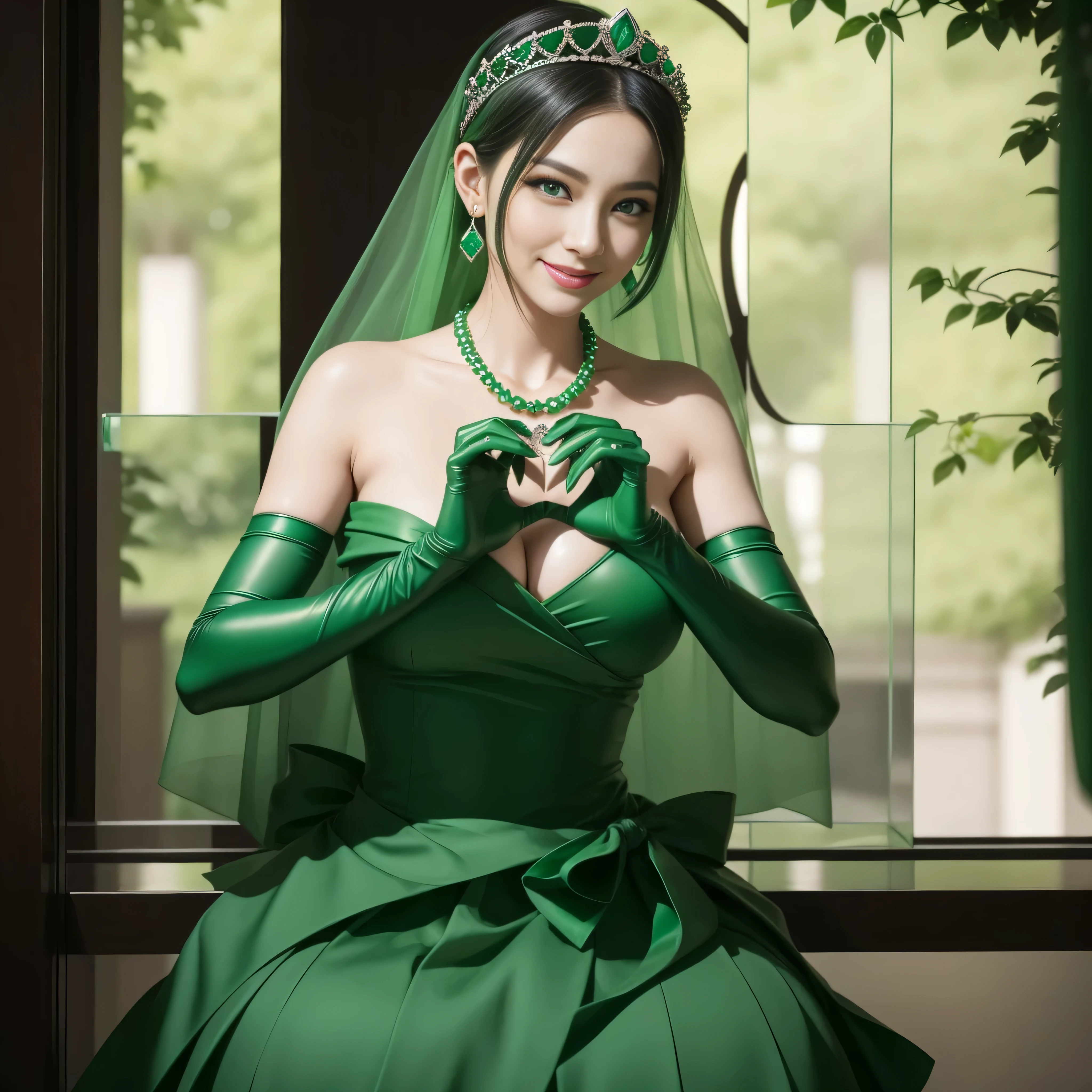 emerald tiara, Green Pearl Necklace, ボーイッシュな非常に短いGreen hair, lipsticks, Japan woman smiling, very short short hair, big breasts beautiful, Green eyes, Long green gloves made of satin material, Green eyes, Emerald Earrings, green vale, 両Heart in the hand, Heart in the hand, Green hair