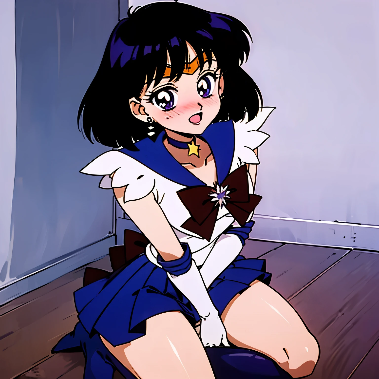 (masutepiece, best quality, highly detailed, high resolution, beautiful detailed eyes:1.3), 1990s \(style\), retro artstyle, old School Shoujo, (Sailor Saturn, Purple sailor collar, Purple skirt, Maroon bowtie, Maroon back bow, Purple choker, Purple boots, circlet:1.1), (holding used condom:1.1), 1girl, short hair, small chest, embarrassed, blush, open mouth,
