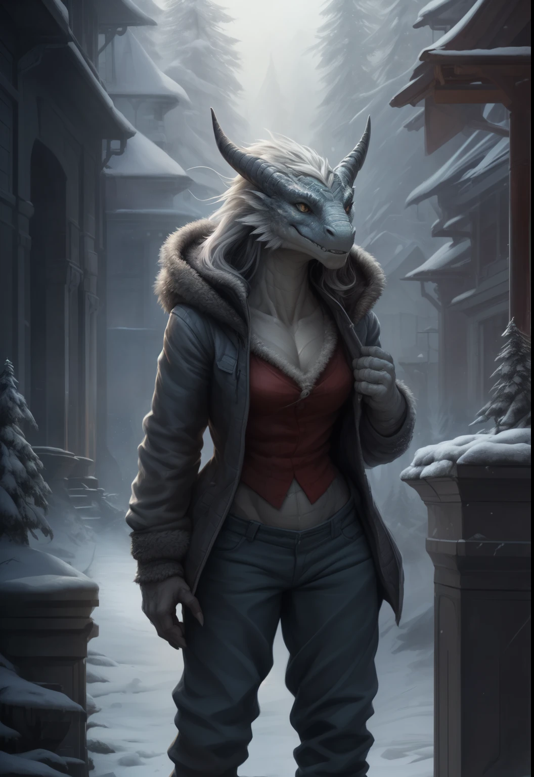 ((Dragon Girl, dragon head)), woman's, Day, , Detailed, uploaded to e621, Beautiful and detailed portrait of an anthropomorphic dragon ((The woman)) kenket,(( by Ross Tran, by ruan jia, Bonifasko, uploaded to e621, zaush, foxovh)), scalie, Silvery Scaly, movie lighting, , Standing, Long hair,long legs, higly detailed, detailed clothes, hiquality, Warm Winter Uniform,((Зимняя furовая одежда, White Color, fur, high boots,Warm pants, Warm jacket))