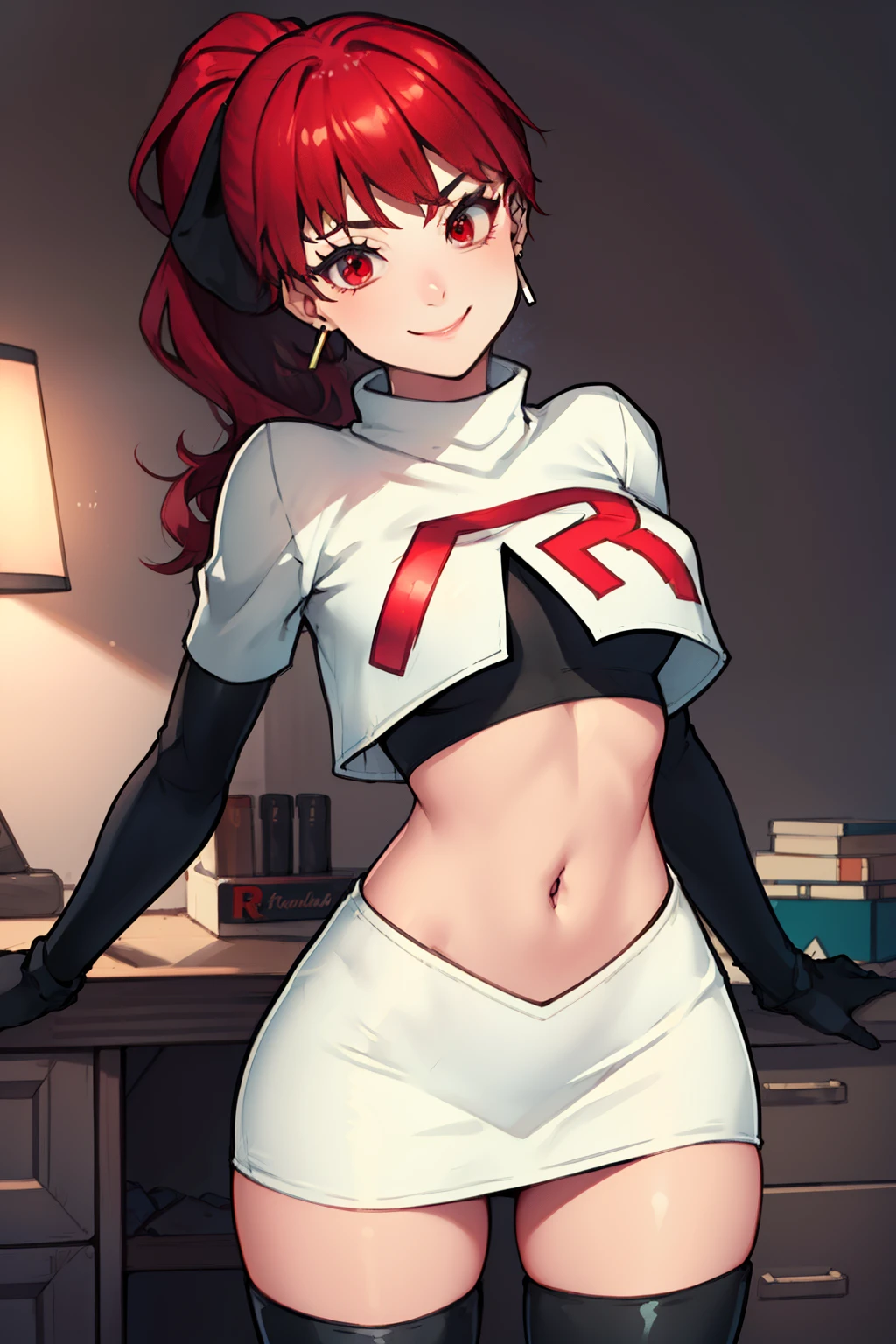 red hair, pony tail, red eyes ,glossy lips, light makeup, eye shadow, earrings ,team rocket,team rocket uniform, red letter R, white skirt,white crop top,black thigh-high boots, black elbow gloves, evil smile, sexy poses