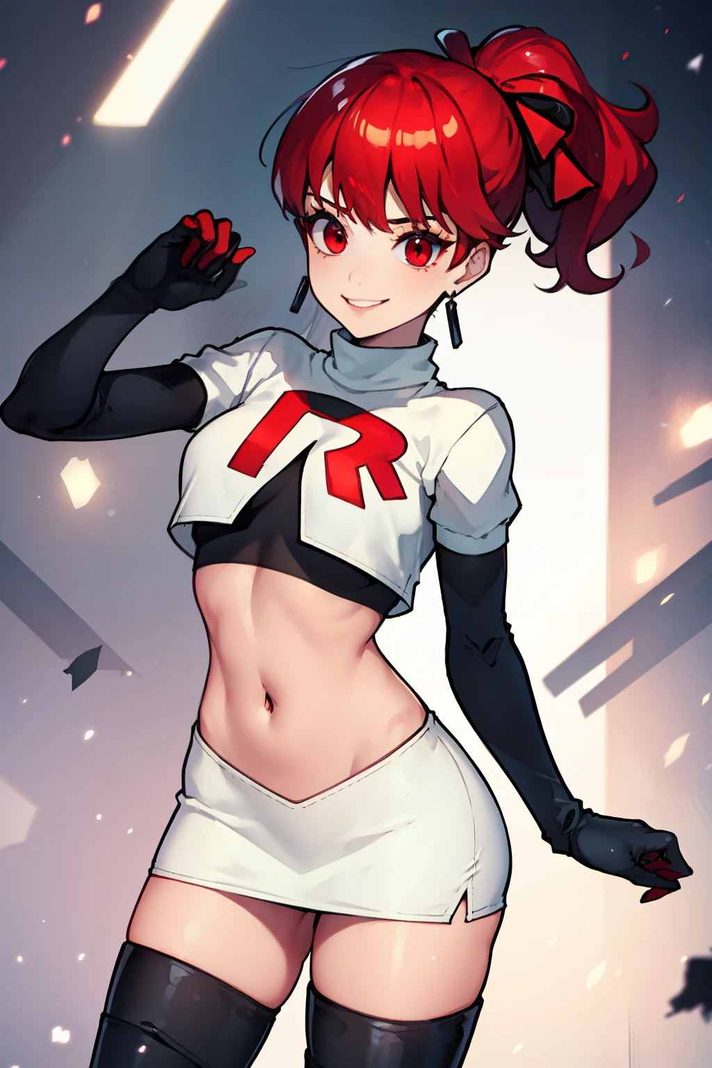 red hair, pony tail, red eyes ,glossy lips, light makeup, eye shadow, earrings ,team rocket,team rocket uniform, red letter R, white skirt,white crop top,black thigh-high boots, black elbow gloves, evil smile, sexy poses