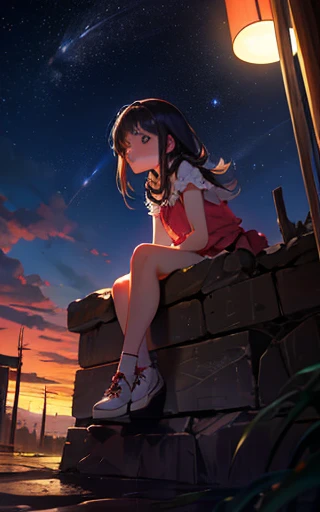 1little girl, cabello Negro, sentada en barda mirando al cielo, meteorito cayendo, noche, imagen: escala de grises