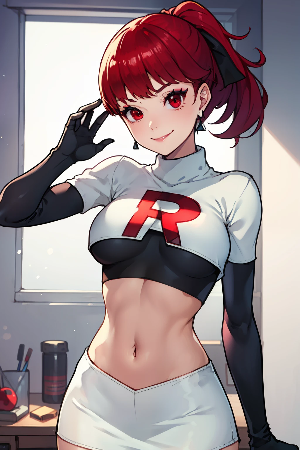 red hair, pony tail, red eyes ,glossy lips, light makeup, eye shadow, earrings ,team rocket,team rocket uniform, red letter R, white skirt,white crop top,black thigh-high boots, black elbow gloves, evil smile, sexy poses