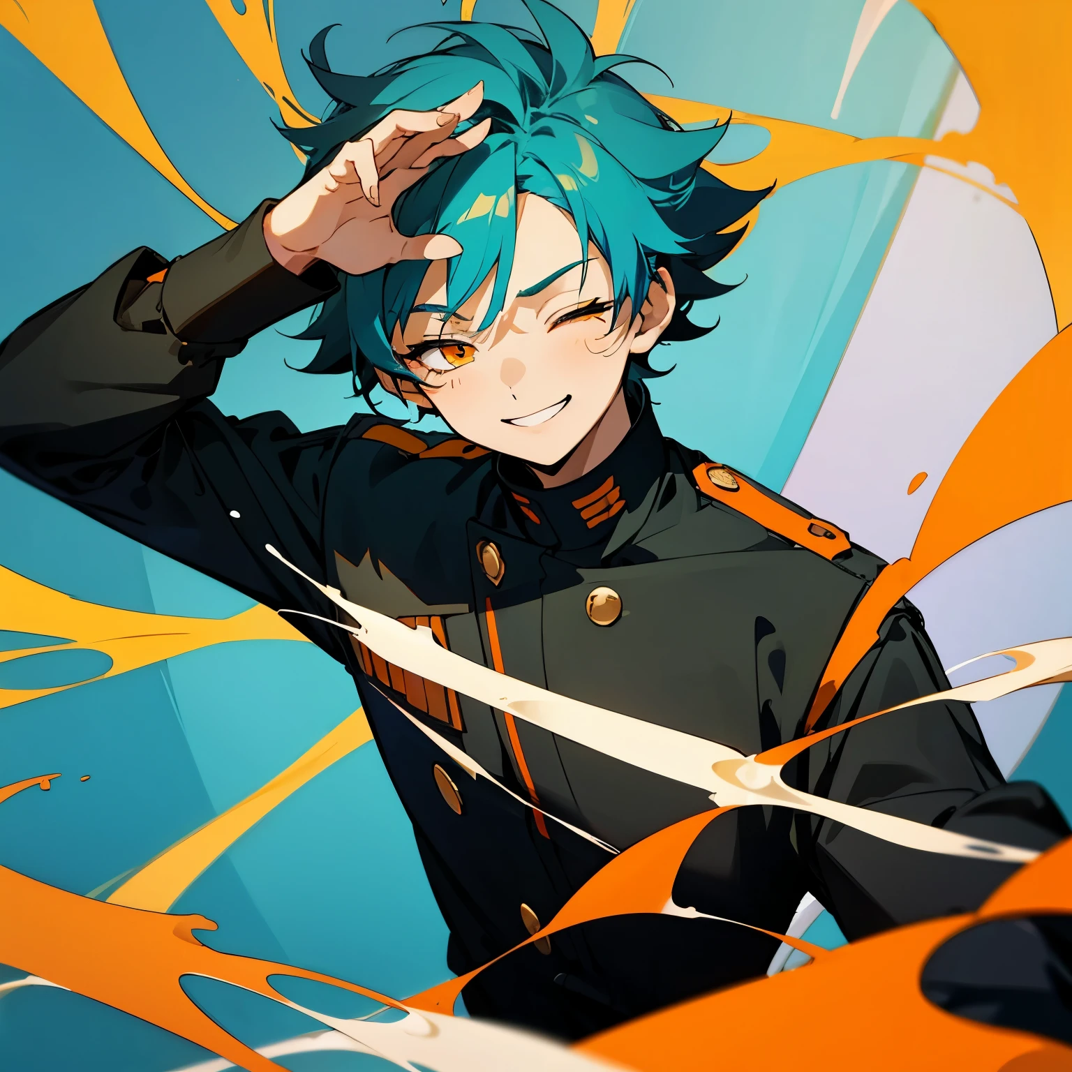 1 boy, Turquoise hair, orange eyes, black cloth, handsome, , wearing uniform, orange eye liner, smile, closed eyes