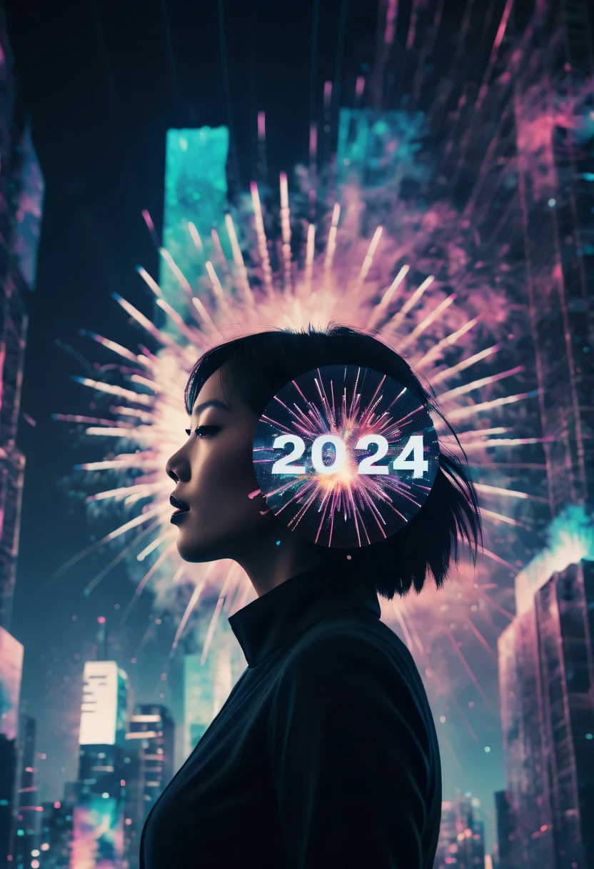 Dubrec style,Cybernetics appear in the sky.The prospect of fireworks on new year’s Eve 2024,Gorgeous fireworks,(multiple exposure1.8),(Digital signage,2024:1.5),technology city,artificial intelligence neuron,network matrix,new year'Eve Visual Poster,Intricate poster in surreal art style,超现实梦想new year海报,超现实科幻new year梦想海报,wide wide shot,Expansive night sky,new year,A grand fireworks display,woman portrait,double exposure effect,dramatic lights,vivd Coloong exposure technology,creative composition,artsy photography,hight contrast,abstract elements,emotionally captivating,Expressive eyes,soft focus,vague background,Beautiful lip details,multiple exposure,Different Perspectives、The cities of the future,Silhouette of a high-rise building。The texture is clear、Overlay the image、A harmonious blend of themes、art story、Surreal atmosphere、Experimental Technology、imaginative exploration、Artistic expression、Artistic interpretation、Creative experimentation、personal narrative、Layered composition、Ethereal aesthetics、Shocking visual impact、visual depth、magical reality、poetic atmosphere,detailed、meticuloso,visual poetry