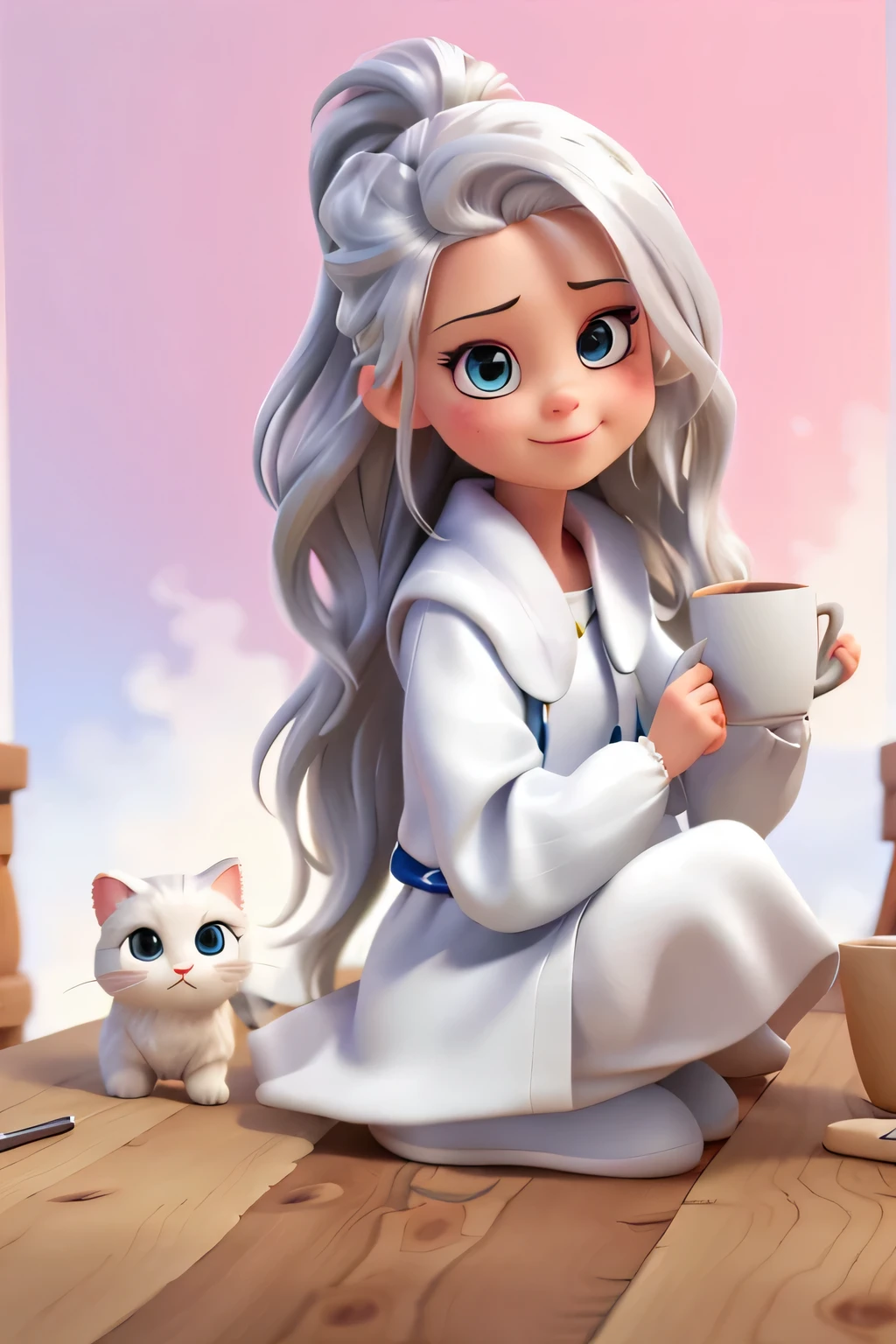 Eine Nahaufnahme einer Person, die mit einer Tasse auf einem Holzboden sitzt, niedliche, detaillierte digitale Kunst, niedliche digitale Kunst, Girl with silver hair, Cozy wallpaper, realistic cute girl painting, niedliches Kunstwerk, very beautiful cute catgirl, Girl silver hair, Vormittags, Niedlicher Kunststil, Silver ponytail hair for girls, adorable digital painting, niedliche frau, Girl with white hair, entferne Hintergrund