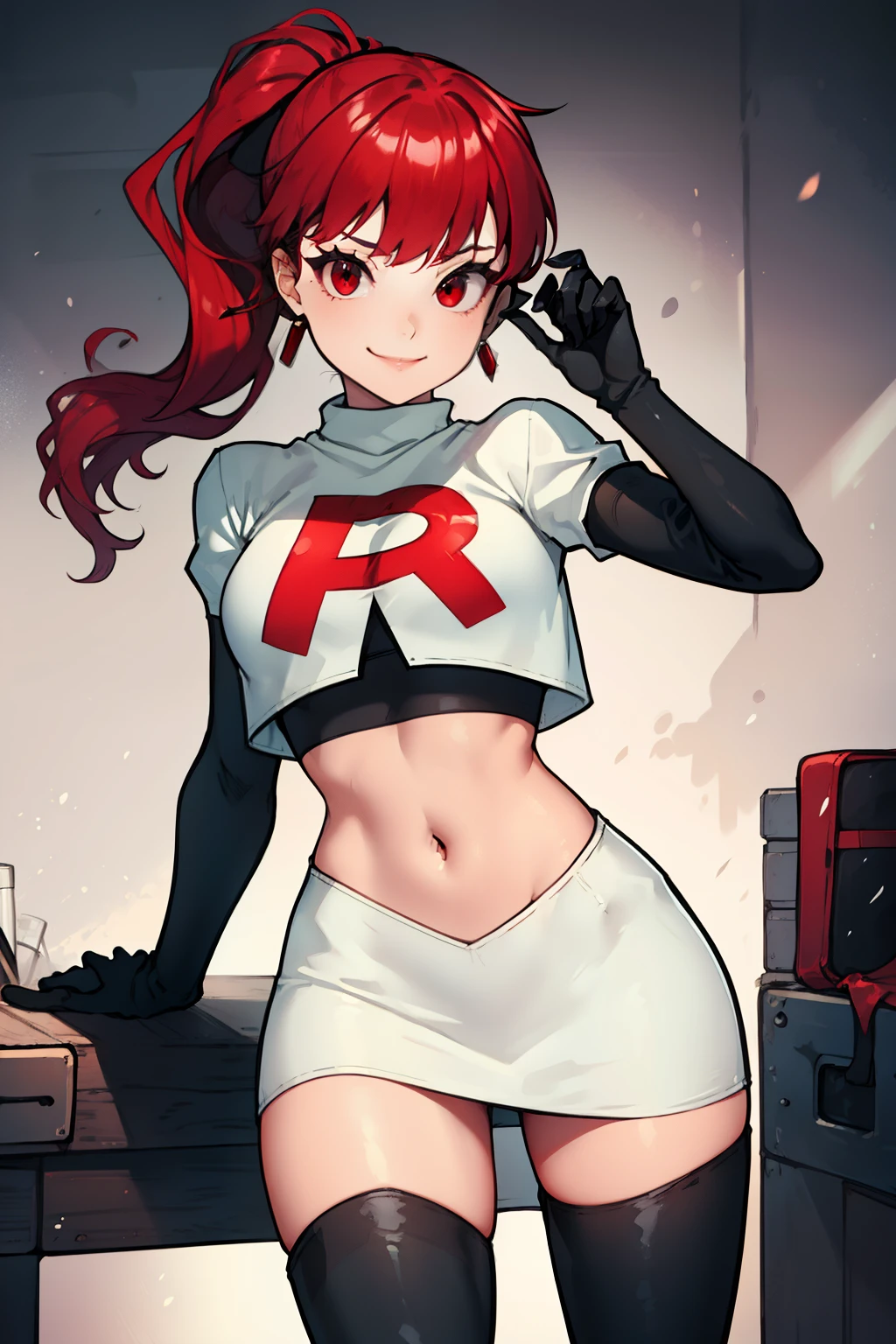 red hair, pony tail, red eyes ,glossy lips, light makeup, eye shadow, earrings ,team rocket,team rocket uniform, red letter R, white skirt,white crop top,black thigh-high boots, black elbow gloves, evil smile, sexy poses