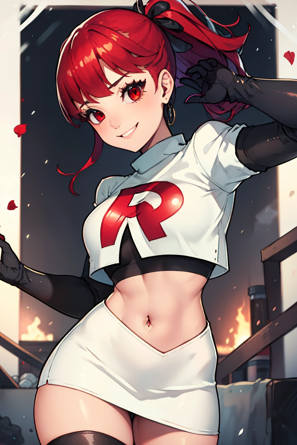 red hair, pony tail, red eyes ,glossy lips, light makeup, eye shadow, earrings ,team rocket,team rocket uniform, red letter R, white skirt,white crop top,black thigh-high boots, black elbow gloves, evil smile, sexy poses