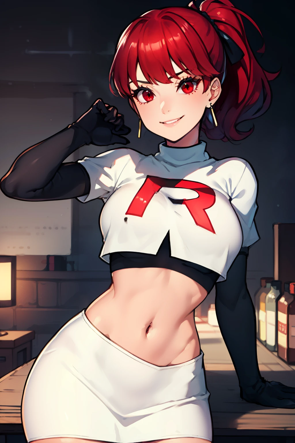 red hair, pony tail, red eyes ,glossy lips, light makeup, eye shadow, earrings ,team rocket,team rocket uniform, red letter R, white skirt,white crop top,black thigh-high boots, black elbow gloves, evil smile, sexy poses