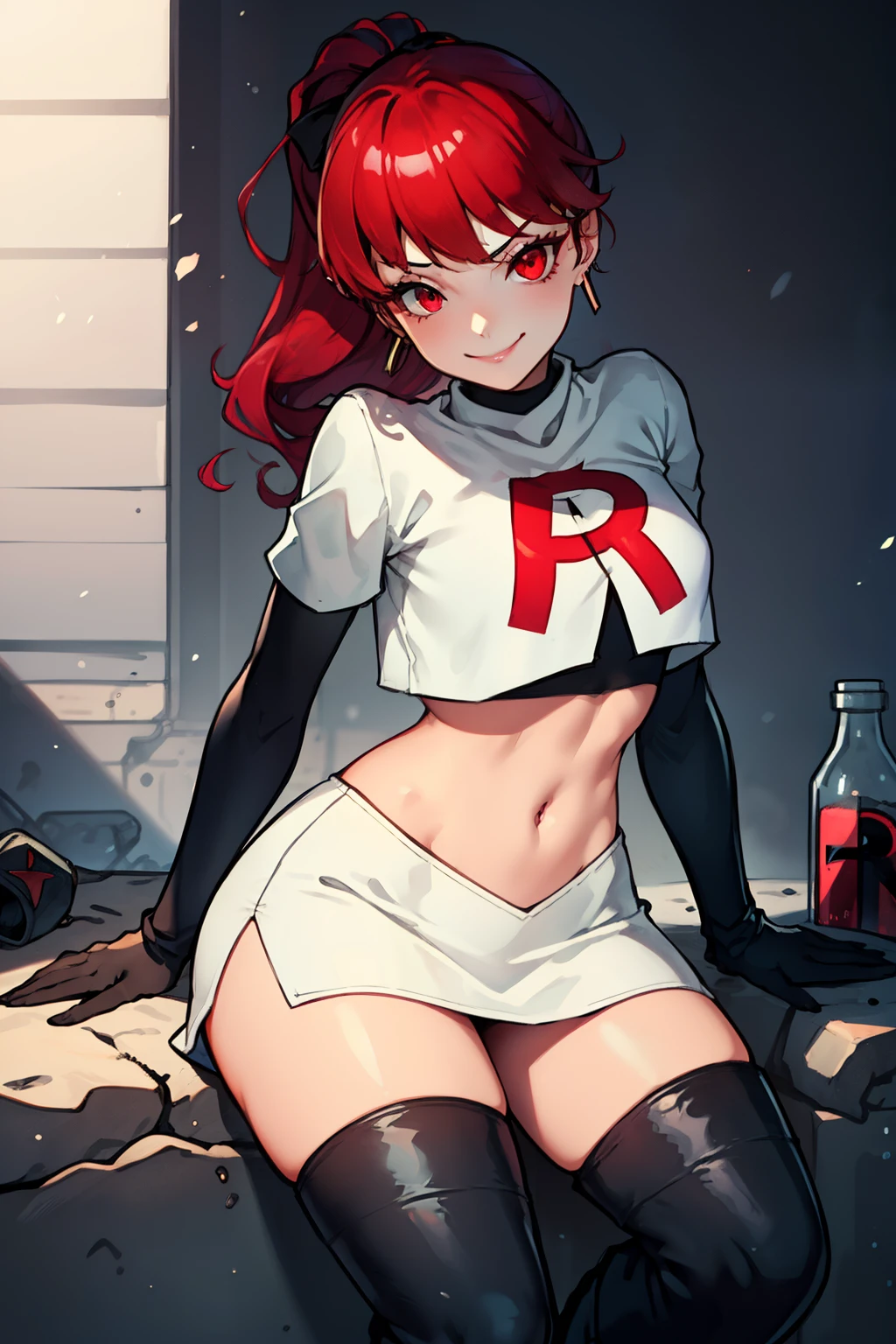 red hair, pony tail, red eyes ,glossy lips, light makeup, eye shadow, earrings ,team rocket,team rocket uniform, red letter R, white skirt,white crop top,black thigh-high boots, black elbow gloves, evil smile, sexy poses