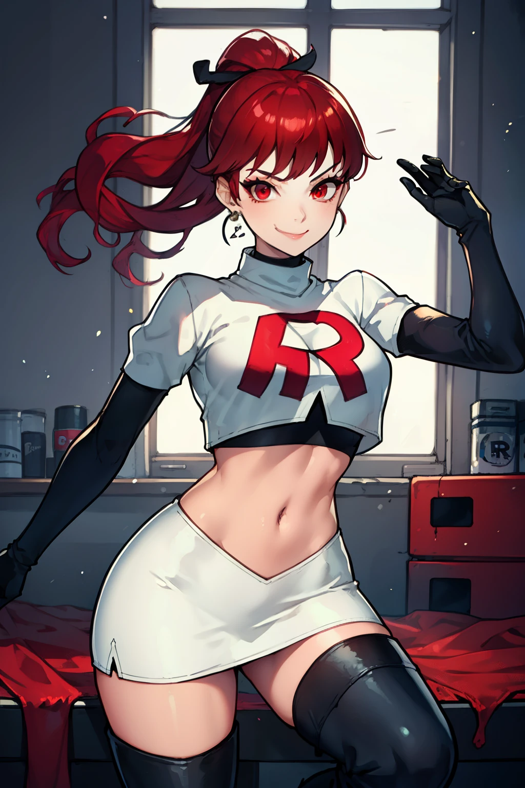 red hair, pony tail, red eyes ,glossy lips, light makeup, eye shadow, earrings ,team rocket,team rocket uniform, red letter R, white skirt,white crop top,black thigh-high boots, black elbow gloves, evil smile, sexy poses