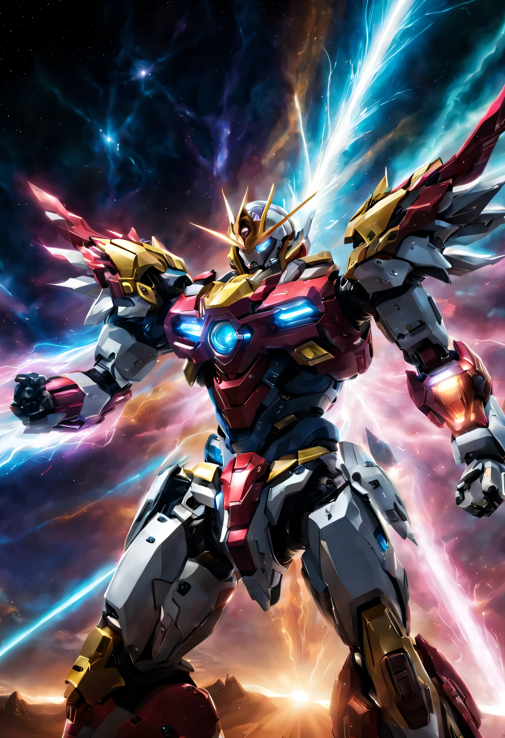 "Majestuoso mecha que emana un poder imparable, emanando un aura imponente."