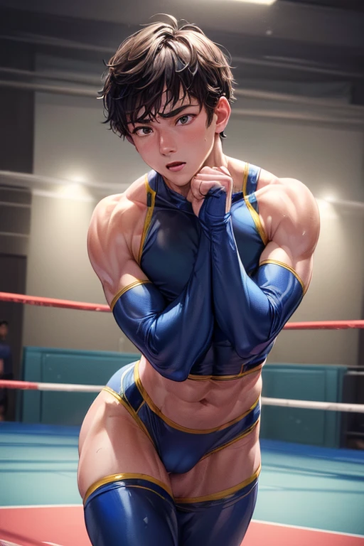 ((Best Quality, 8K, ultra-detailed, Masterpiece: 1.3)), 1boy, shiny skin, sharp, Perfect Body Beauty, realistic shaded perfect body, (cute baby face:1.1),("wrestling wear, big bulge ":1.2),(dynamic pose:1.1), thiulge focus:1.2) , all fours