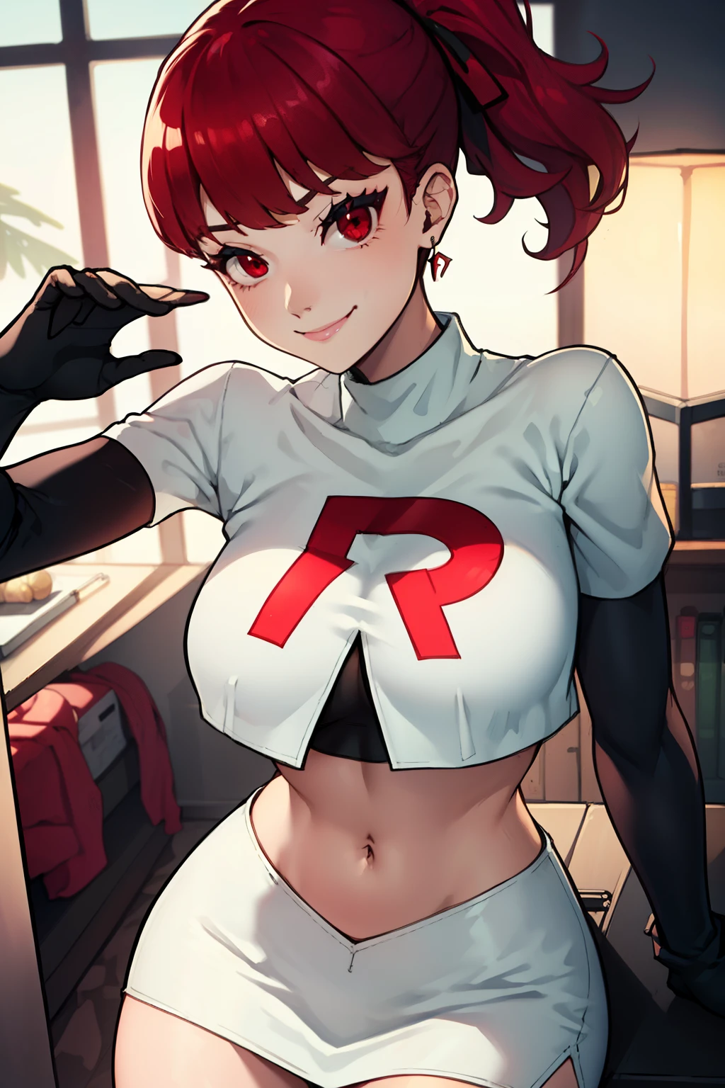 red hair, pony tail, red eyes ,glossy lips, light makeup, eye shadow, earrings ,team rocket,team rocket uniform, red letter R, white skirt,white crop top,black thigh-high boots, black elbow gloves, evil smile, sexy poses