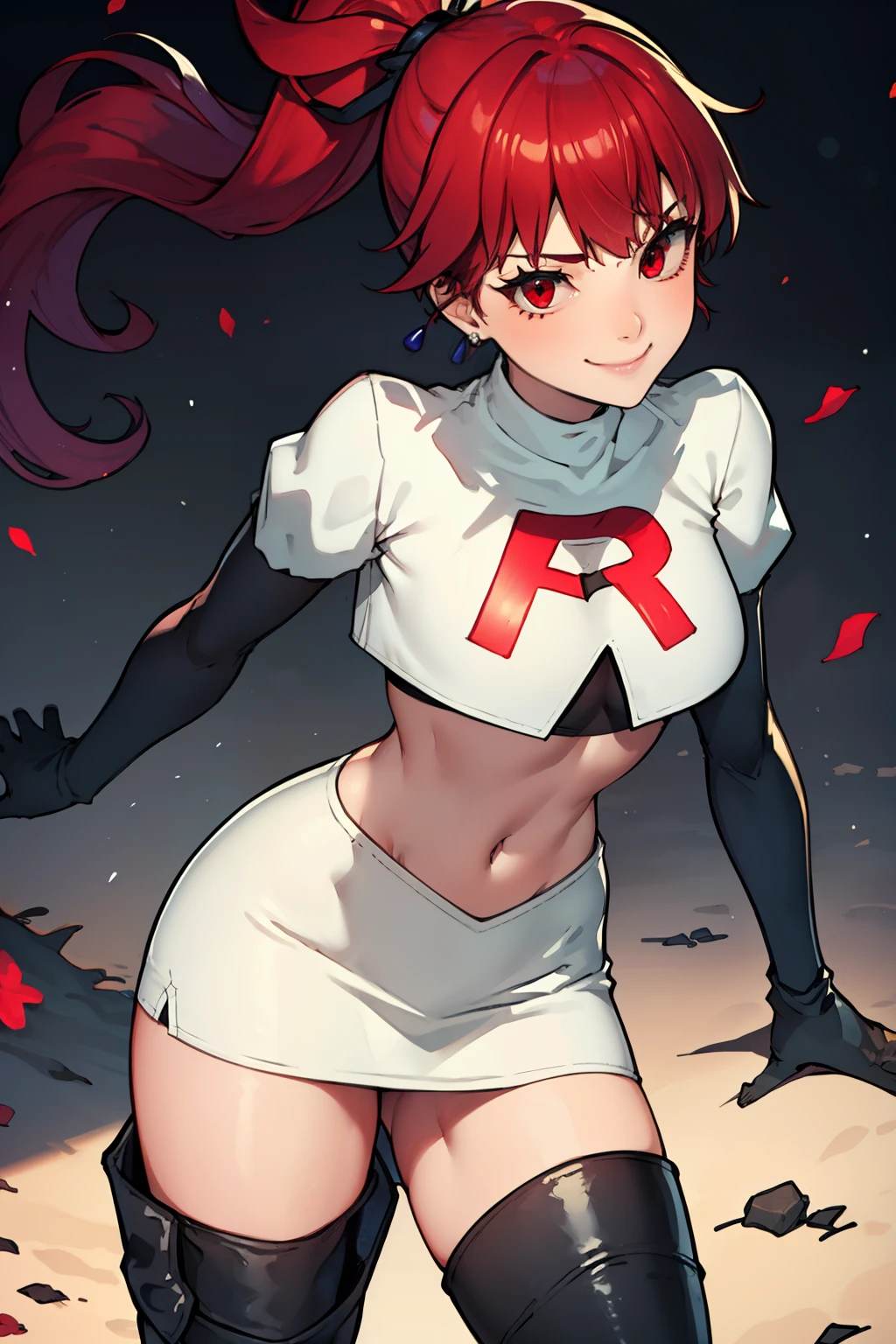 red hair, pony tail, red eyes ,glossy lips, light makeup, eye shadow, earrings ,team rocket,team rocket uniform, red letter R, white skirt,white crop top,black thigh-high boots, black elbow gloves, evil smile, sexy poses