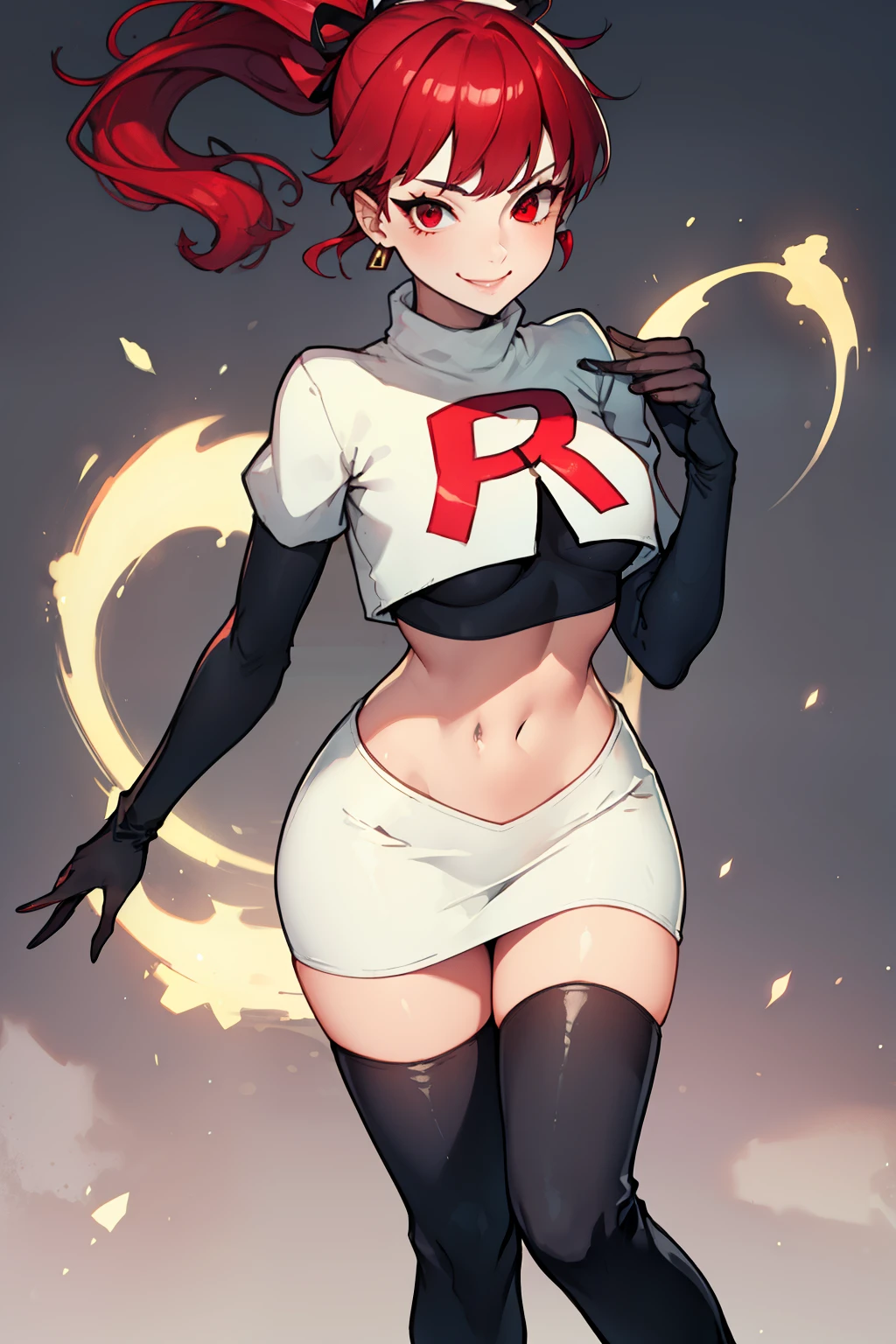 red hair, pony tail, red eyes ,glossy lips, light makeup, eye shadow, earrings ,team rocket,team rocket uniform, red letter R, white skirt,white crop top,black thigh-high boots, black elbow gloves, evil smile, sexy poses