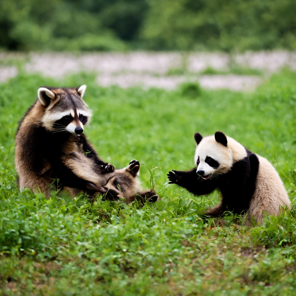raccoon and panda playing in field