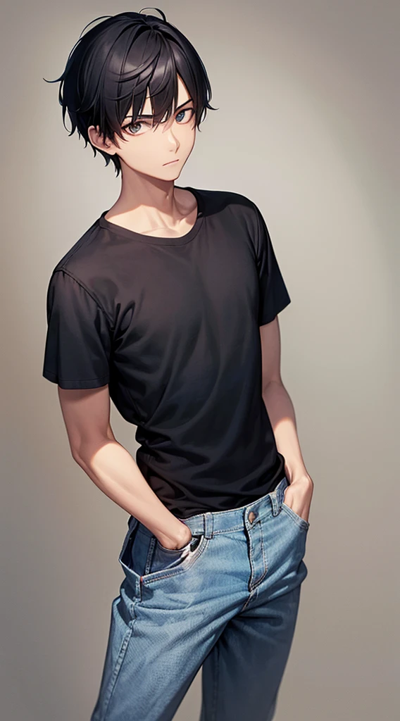 Man, Adult, with black hair, with short hair, with slight dark circles under his eyes, with a thin body, with a thin style on the face, with a black shirt, with a short-sleeved shirt, with gray pants, with denim pants, with eyes black color, with a thinking look, with white skin, standing, full body, (masterpiece), (8K), (UHD), good quality, with the best level of details, thin physique in the character, without muscles, with slim physical definition, with his hands in his pants pockets, with plenty on his face, the best quality in his eyes.