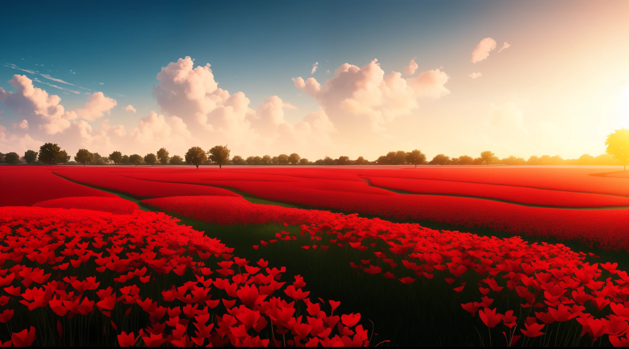flower field, red flowers, poland, blue sky with clouds, masterpiece, best quality, high quality, extremely detailed CG unity 8k wallpaper, oil paiting, award winning photography, Bokeh, Depth of Field, HDR, bloom, Chromatic Aberration ,Photorealistic,extremely detailed, trending on artstation, trending on CGsociety, Intricate, High Detail, dramatic, art by midjourney, volumetric lighting